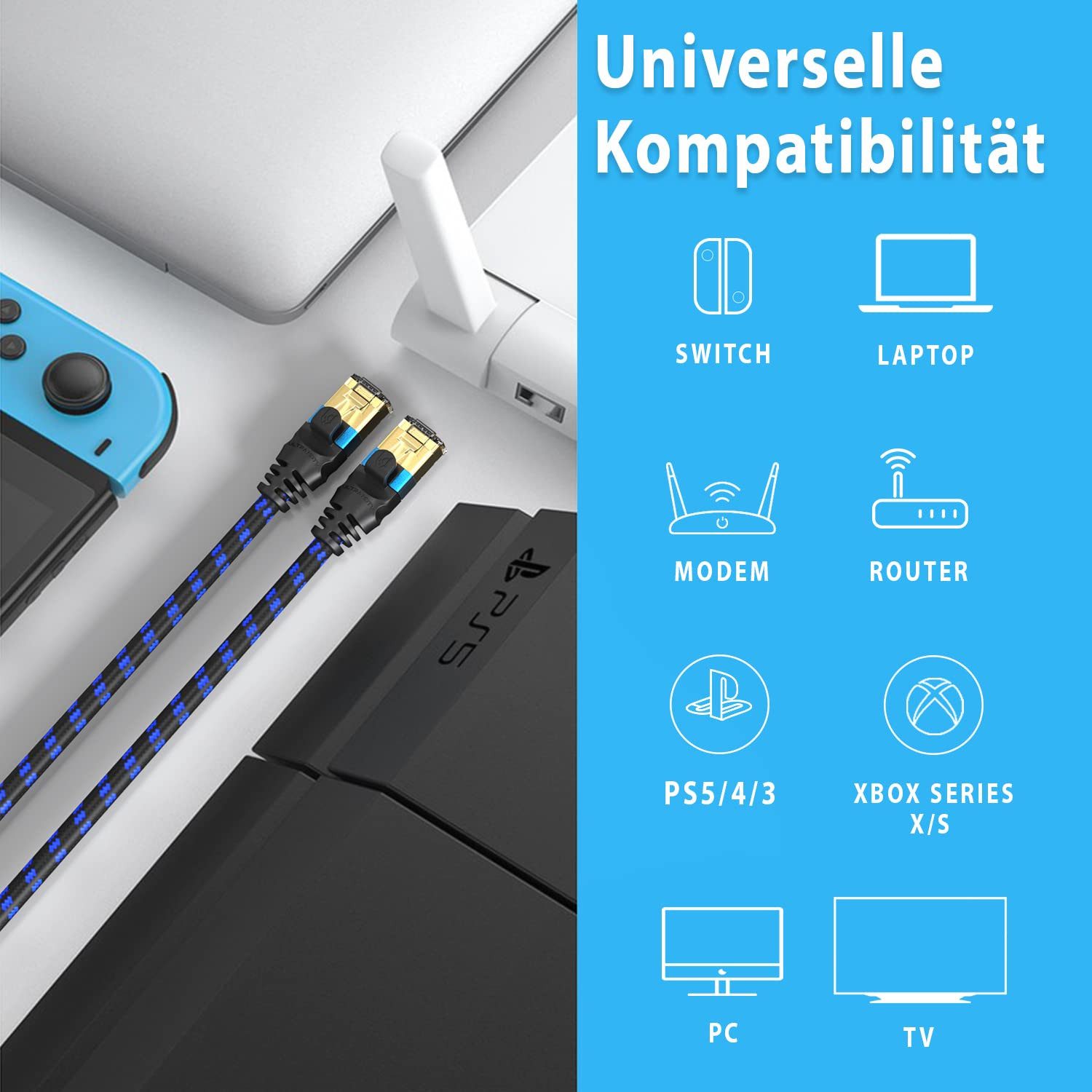UltraHDTV CAT 8.1 40 Gbps LAN Kabel, Patchkabel Gigabit RJ45 Ethernet Netzwerkkabel, RJ45, Ethernet (1500 cm), Knickschutz, Nylon-Ummantelung mit 40.000 Mbit Glasfaser