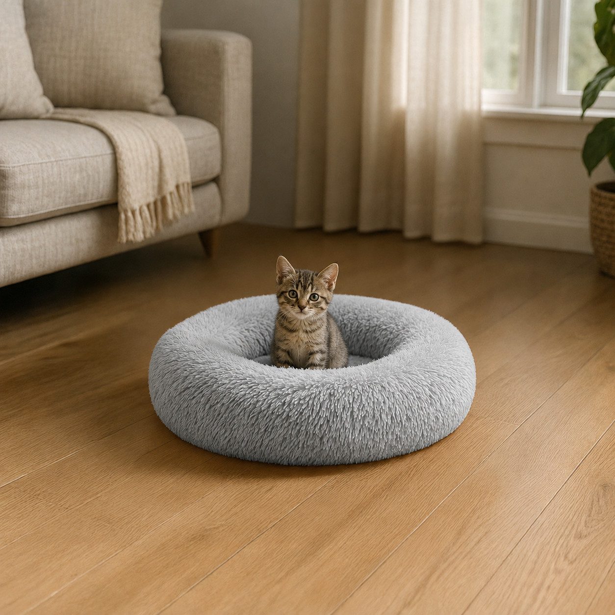 belviona Katzenliege, Donut Katzenbett aus flauschigem Plüsch, Ø40 cm hellgrau, erhöhter Rand, weiches Katzenkörbchen, rutschfest & gemütlich