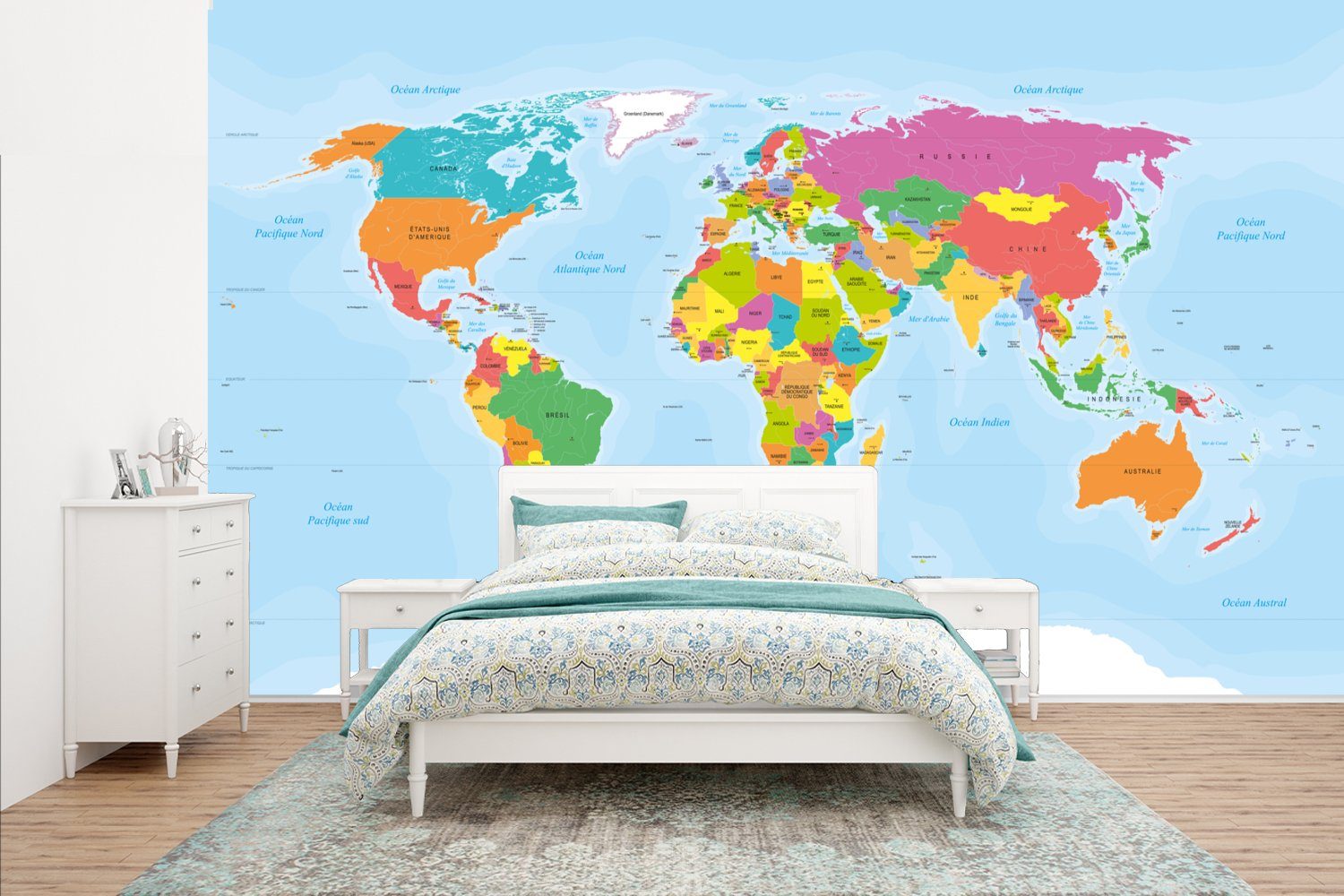 MuchoWow Fototapete Französische Weltkarte - Farben - Einfach, Matt, bedruckt, (8 St), Wallpaper für Wohnzimmer, Schlafzimmer, Kinderzimmer, Vinyl Tapete
