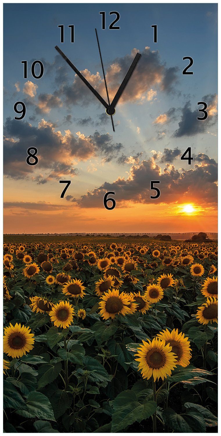 Wallario Wanduhr Sonnenblumenwiese vor Wolken mit Sonnenuntergang (Uhr aus Acryl)