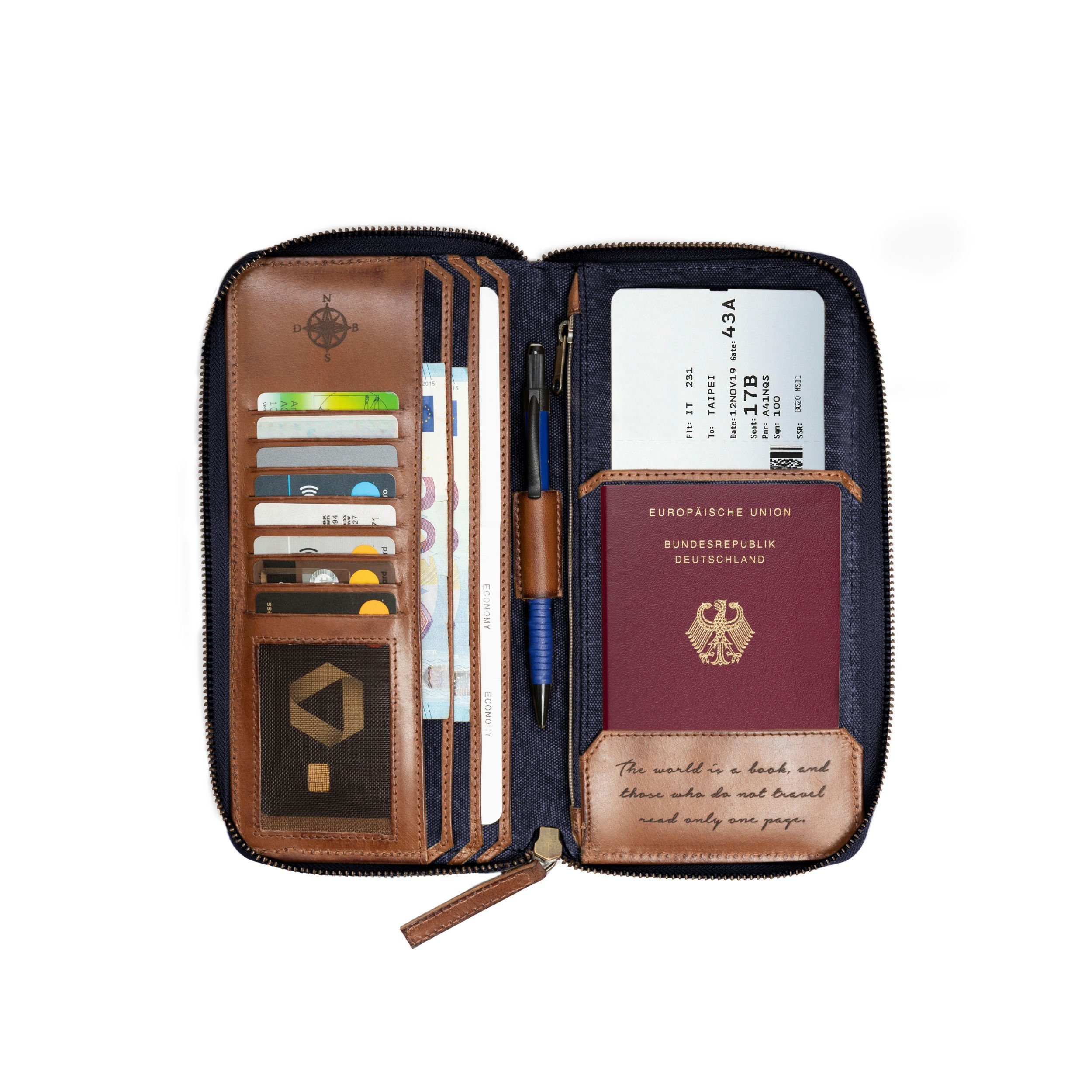 »Travis« DRAKENSBERG Reise-Organizer Marine-Blau, mit und Schutz aus Canvas große RFID Brieftasche Reisegeldbeutel Reisebrieftasche