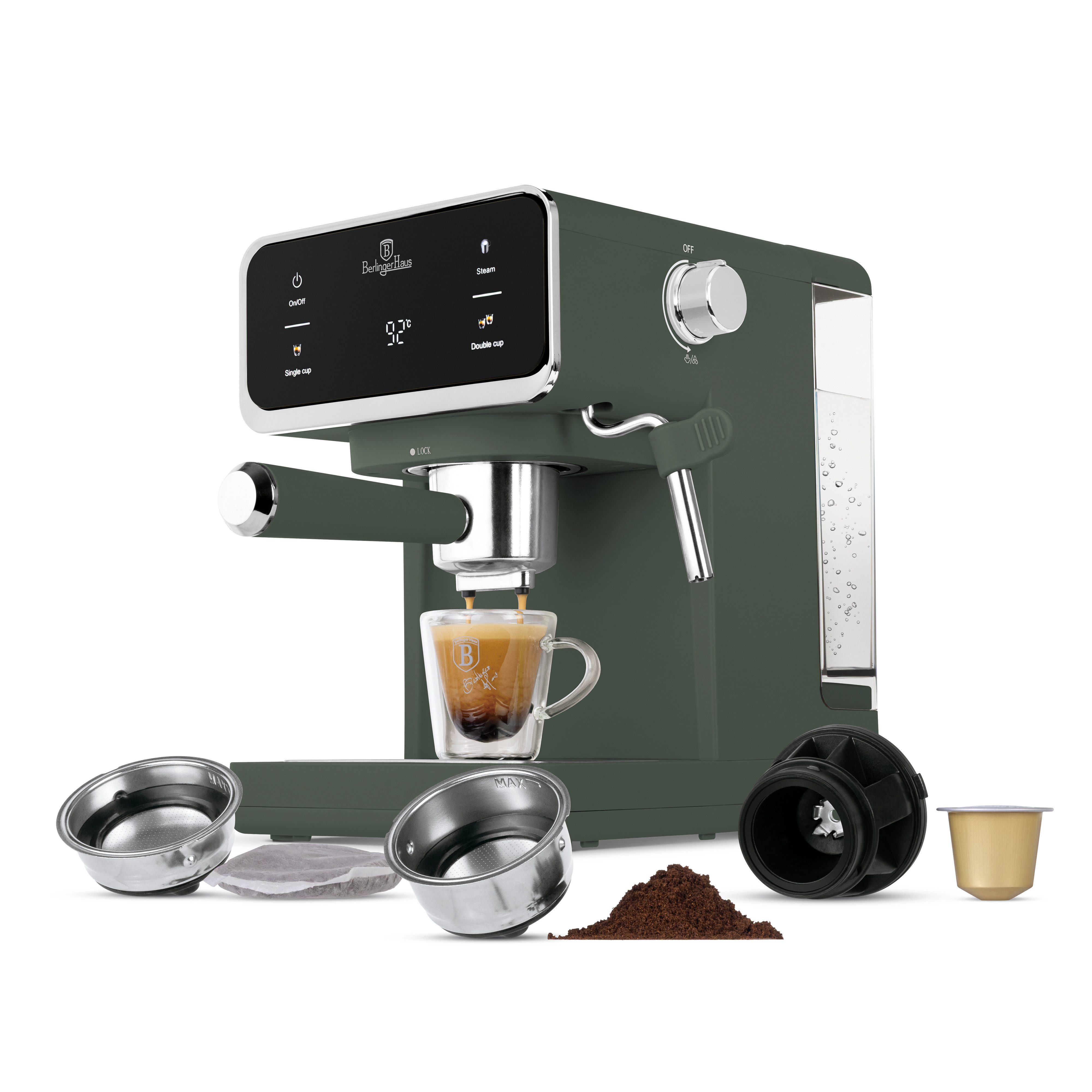 Berlinger Haus Siebträgermaschine BH 9850, 20 Bar, Touch-Display, Milchaufschäumer, für Kaffee, Pads & Kapseln