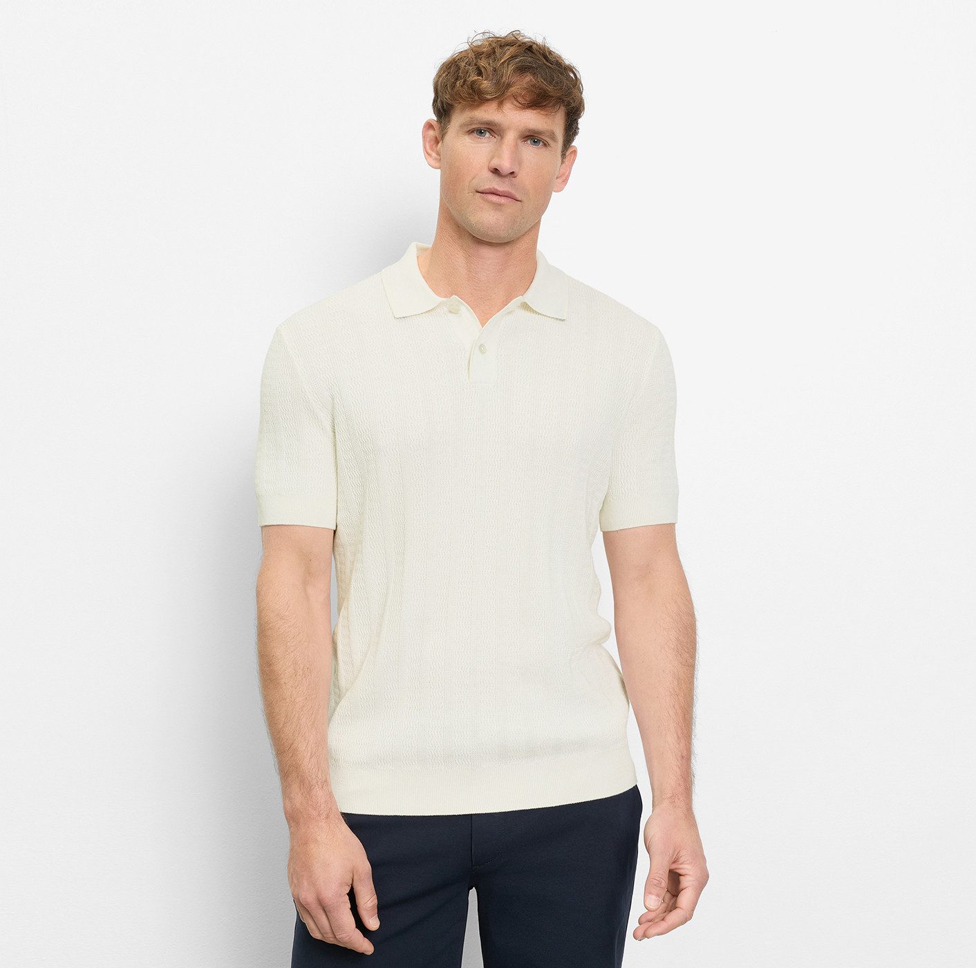 OLYMP Kurzarmshirt mit Flecht-Muster und Polokragen, Strick