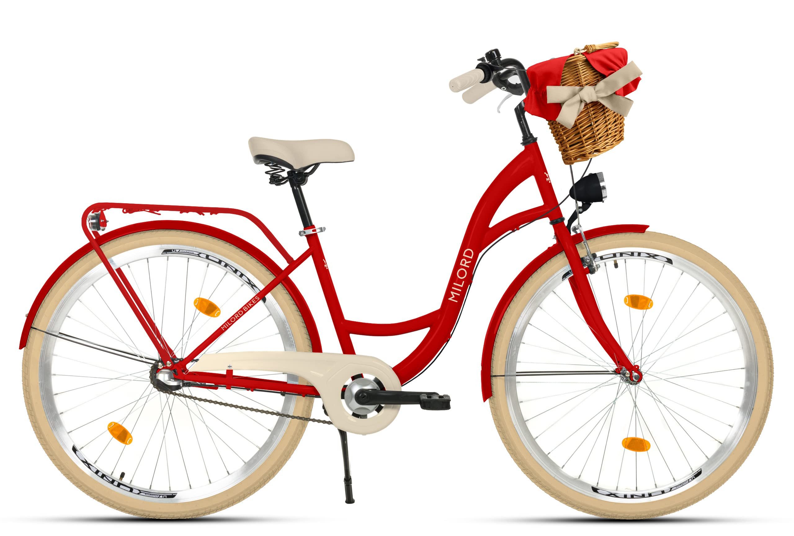 Milord Cityrad Milord City Fahrrad Weidenkorb Damenfahrrad, 28/26 Zoll, Rot, 3-Gang, 3 Gang, (Fahrradständer, Gepäckträger, Klingel, Korb, Kotflügel)