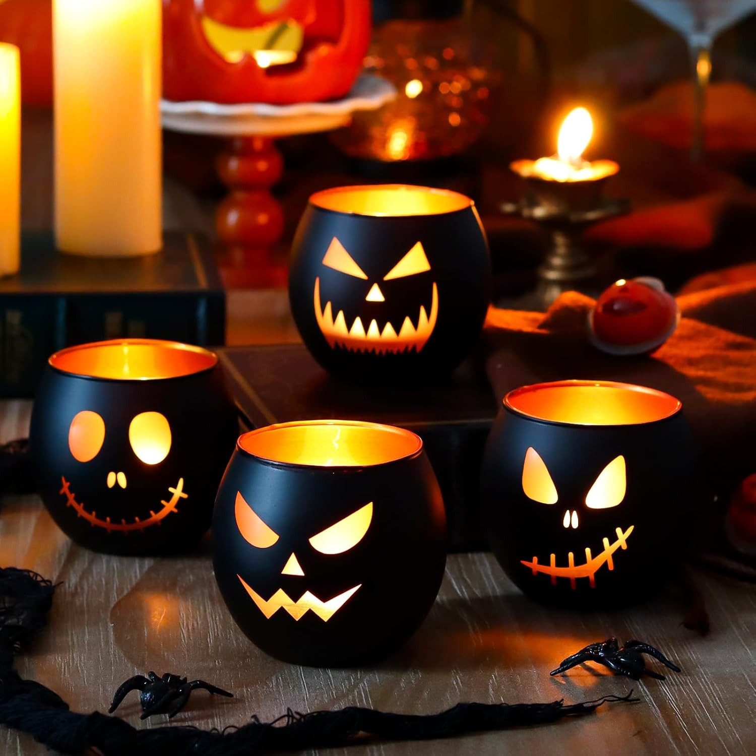 FELIXLEO Teelichthalter mit Tablett Kerzenhalter Innen Halloweendeko,4er Set Teelichtgläser,Kürbisfratzen (1 St)