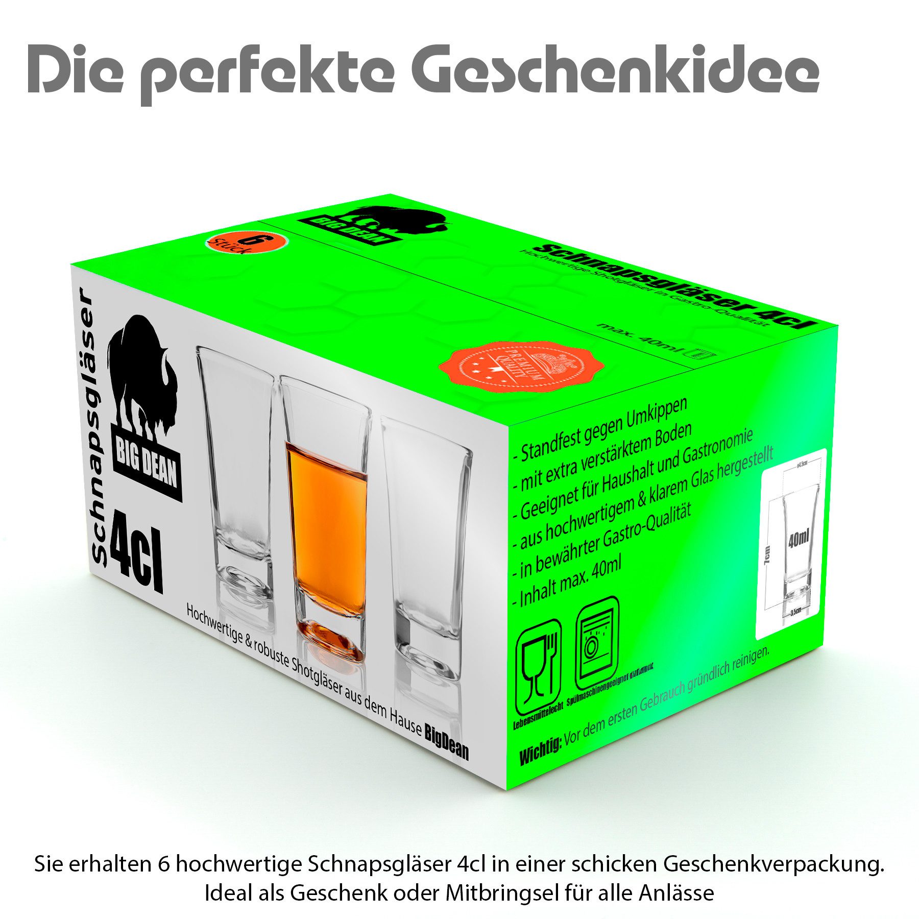 BigDean Schnapsglas 4cl in Geschenkbox – hochwertige Shotgläser lebensmittelecht, 6-tlg., Glas, Robustes Glas, Langlebige Qualität, Elegante Form, Vielseitig