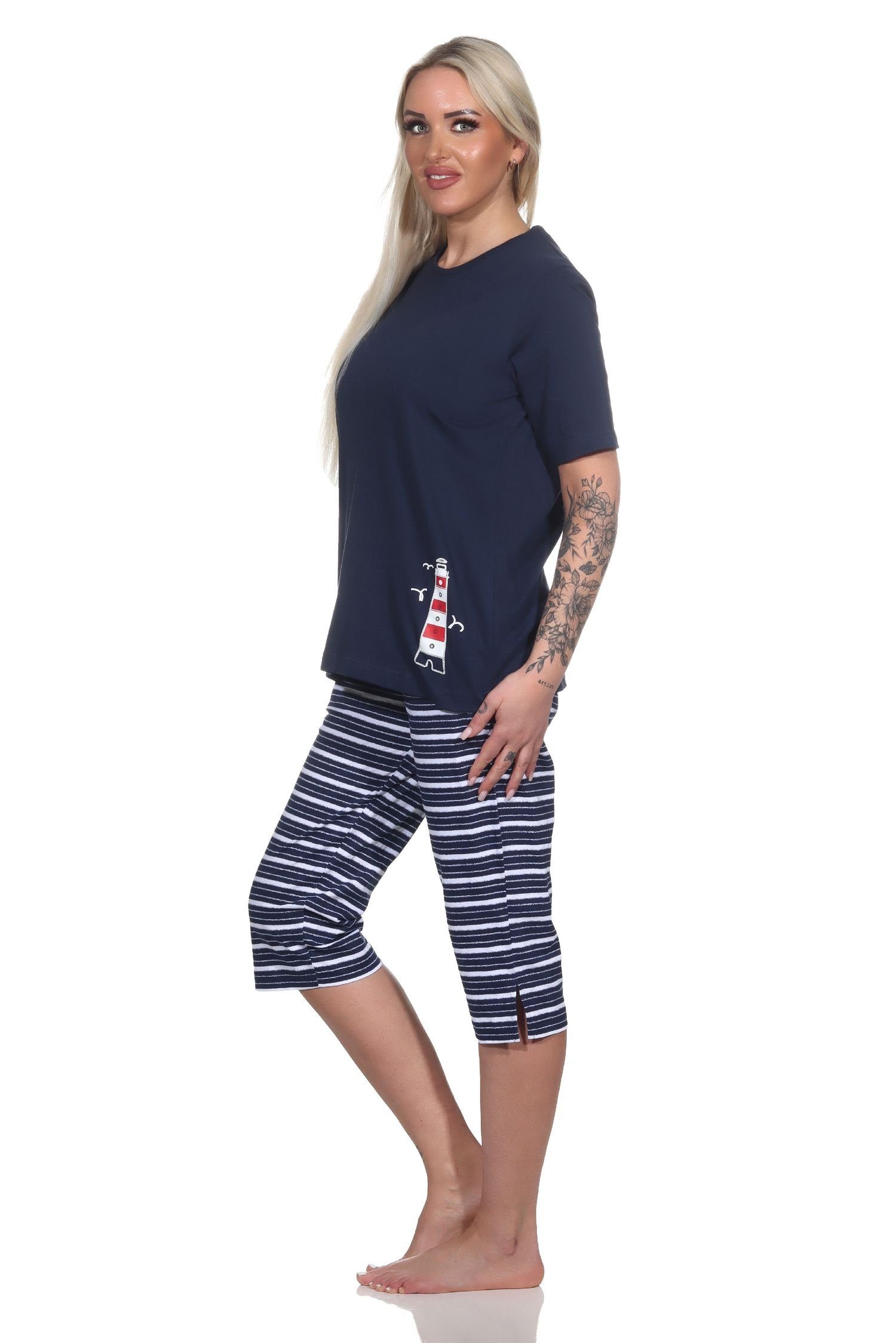 Normann Pyjama Capri marine Leuchtturm Maritimer Schlafanzug als Motiv kurzarm mit Damen