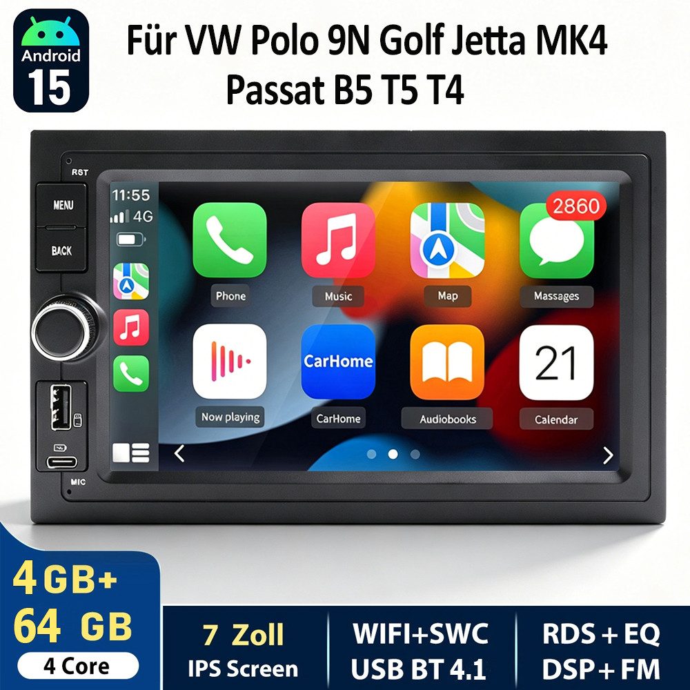 ESSGOO DAB+ Android 16 6+128GB Für VW Polo 9N Golf 4 Passat B5 T5 CarPlay GPS Autoradio (RDS, 4G LTE, Digitalradio (DAB), 6+128GB, FM, USB- und Type-C, SWC)