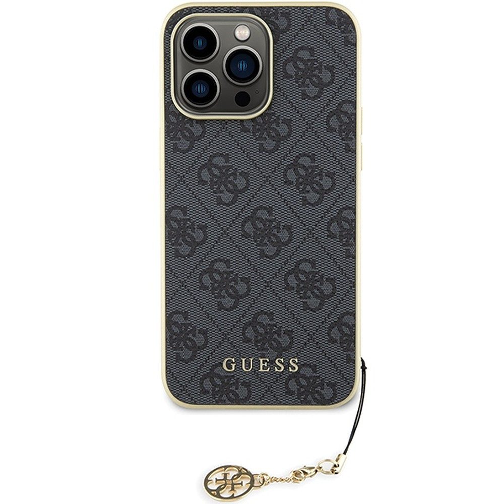 Guess Handyhülle Schutzhülle Anhänger, Goldfarbener Charm-Anhänger, 4G-Musterdruck, Kunstleder-Optik