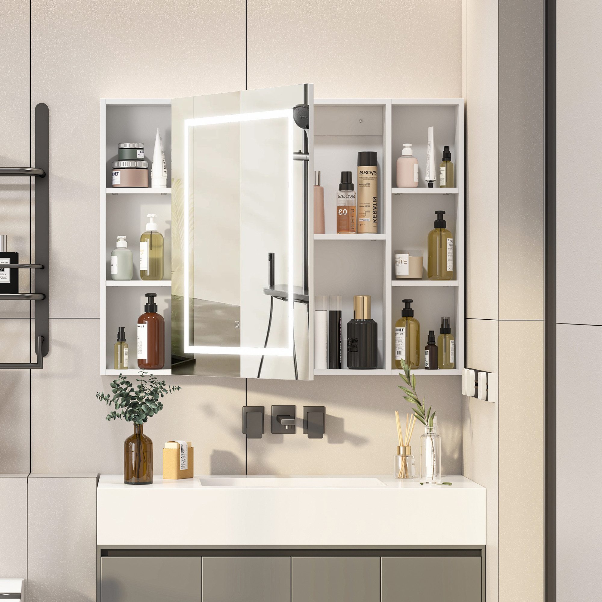 radelldar Badezimmerspiegelschrank mit LED-Beleuchtung & offenen Regalen, 100x76x13,5 cm, Weiß (1-St) Spiegelschrank mit Stauraum, 3 Farben, Dimmbar – Bild 3 von 5