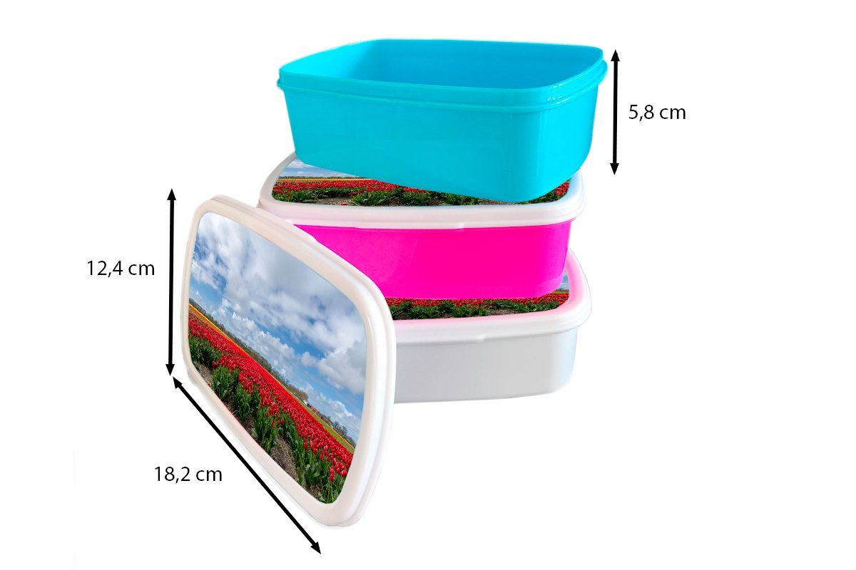 MuchoWow Lunchbox Rote Kunststoff (2-tlg), Mädchen, rosa auf Keukenhof Brotdose Kinder, Südholland, in für Erwachsene, Kunststoff, dem Tulpen Snackbox, Brotbox