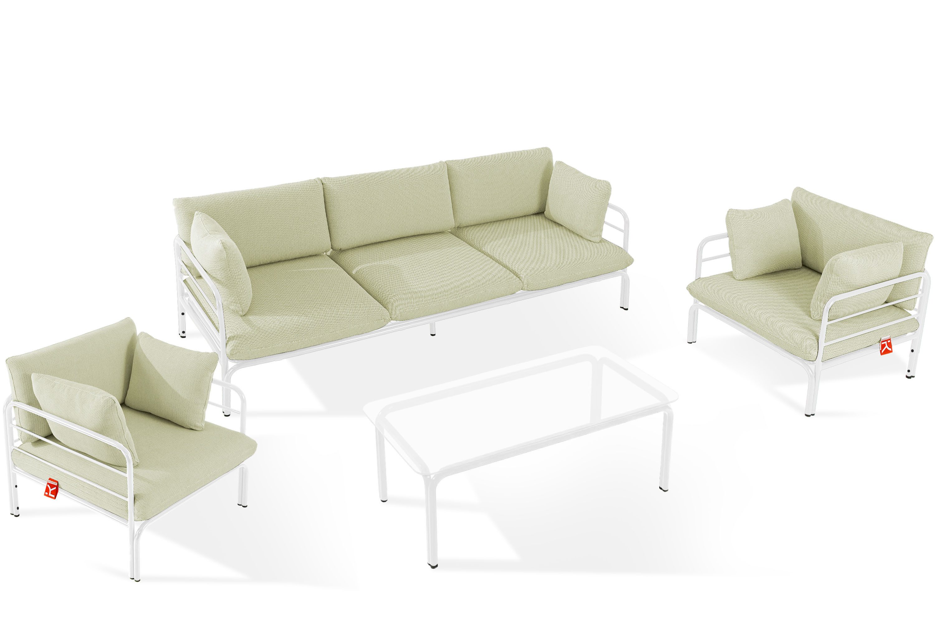KONSIMO® Gartenlounge-Set RAMBE Gartenmöbelset, hergestellt in der EU, (4-tlg., 1x Tisch, 2x Sessel, 1x Sofa 3-Sitzer, Gewicht des Sets ca. 87 kg), handgefertigt, Loft, mit Auflage, Stahlrahmen