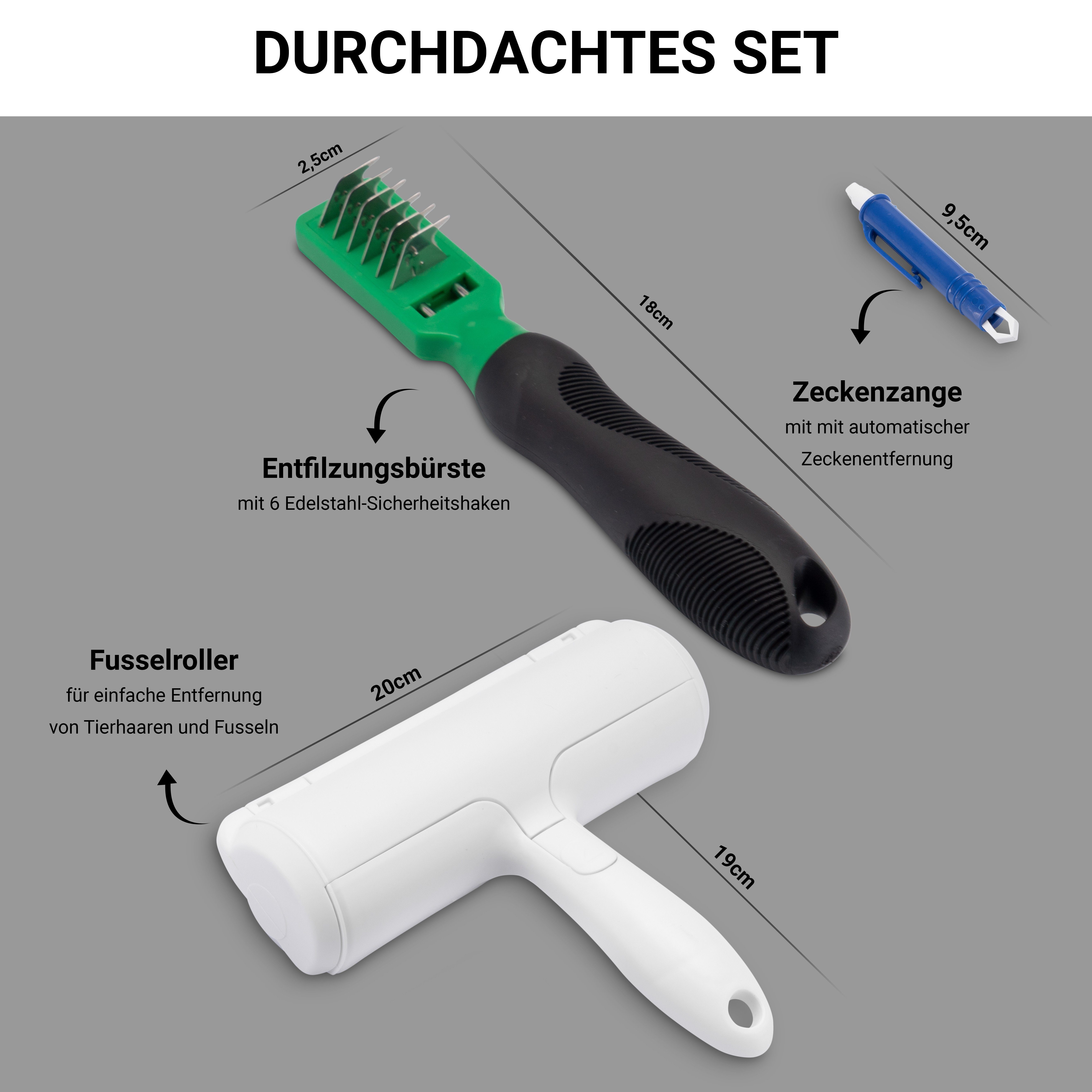 FinoPet Unterwollharke FinoPet 3er Entfilzungs-Set mit Fusselrolle, Zeckenzange Hunde/Katzen, Edelstahl, (3-tlg), Langhaar, Kurzhaar, Unterwolle, Unterfell, Entfilzung