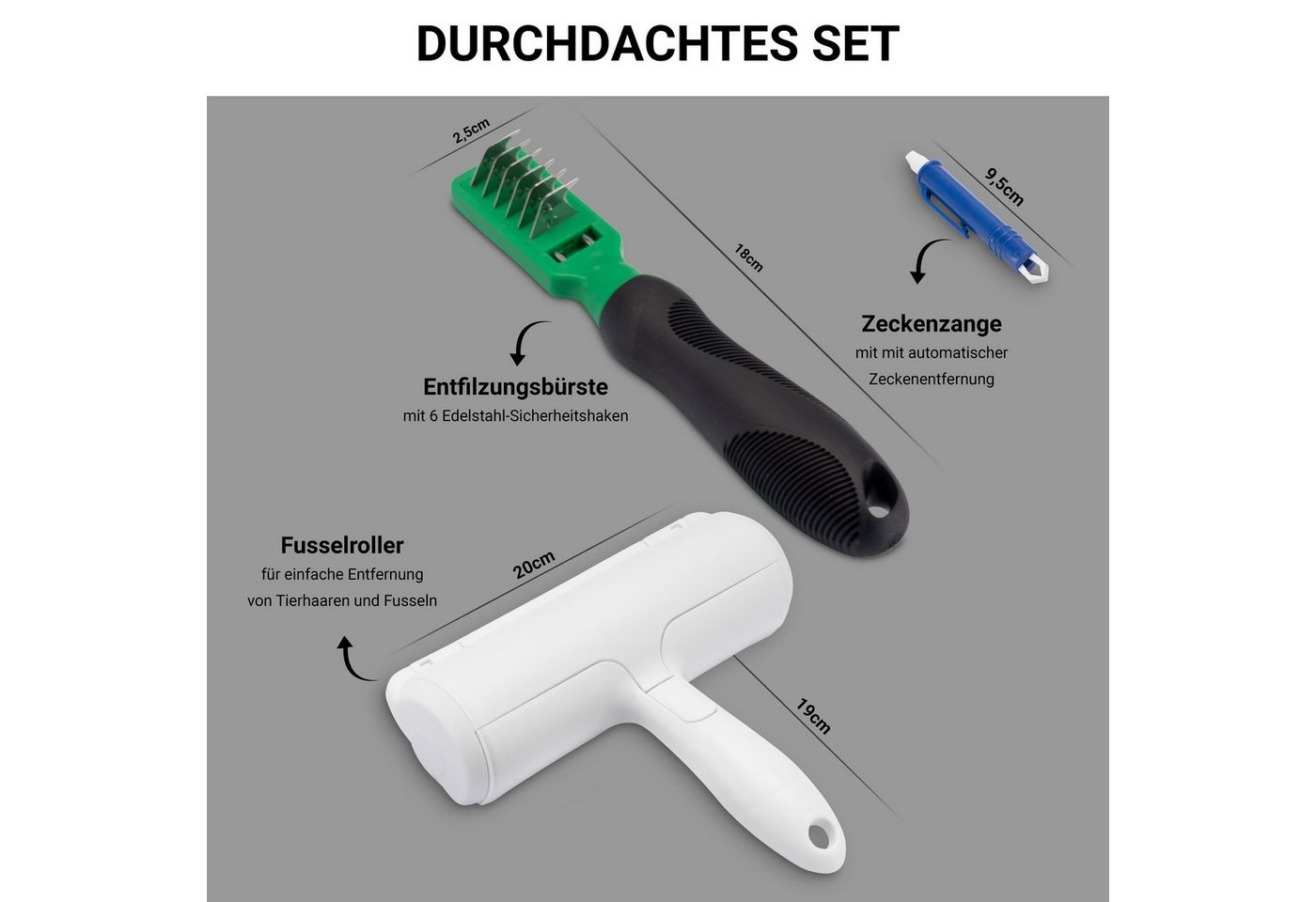 Thumbnail - FinoPet Unterwollharke FinoPet 3er Entfilzungs-Set mit Fusselrolle, Zeckenzange Hunde/Katzen, Edelstahl, (3-tlg), Langha...