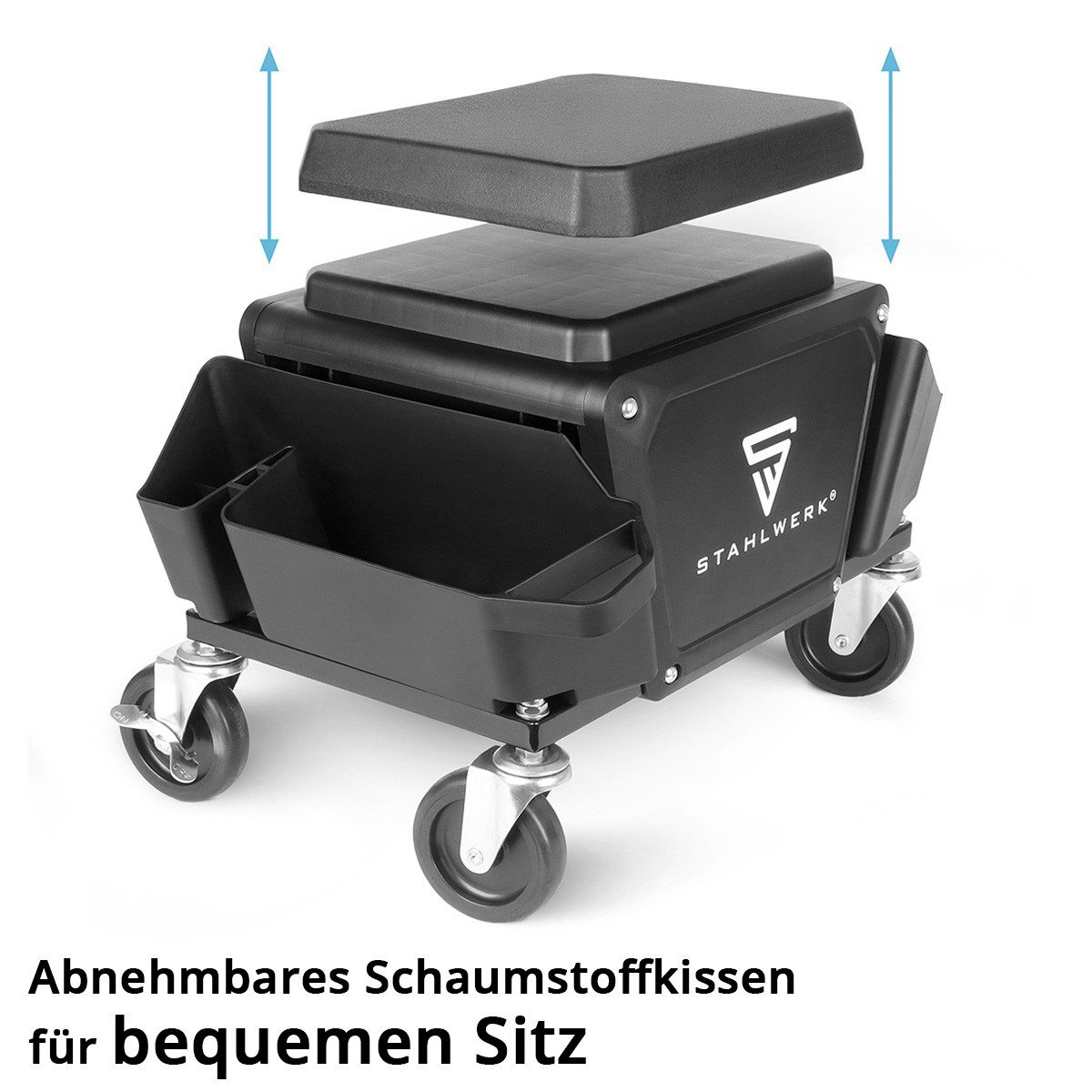 STAHLWERK Werkzeugwagen Mobiler Werkstatthocker mit Schublade 2 Seitenfächer Traglast 135 kg
