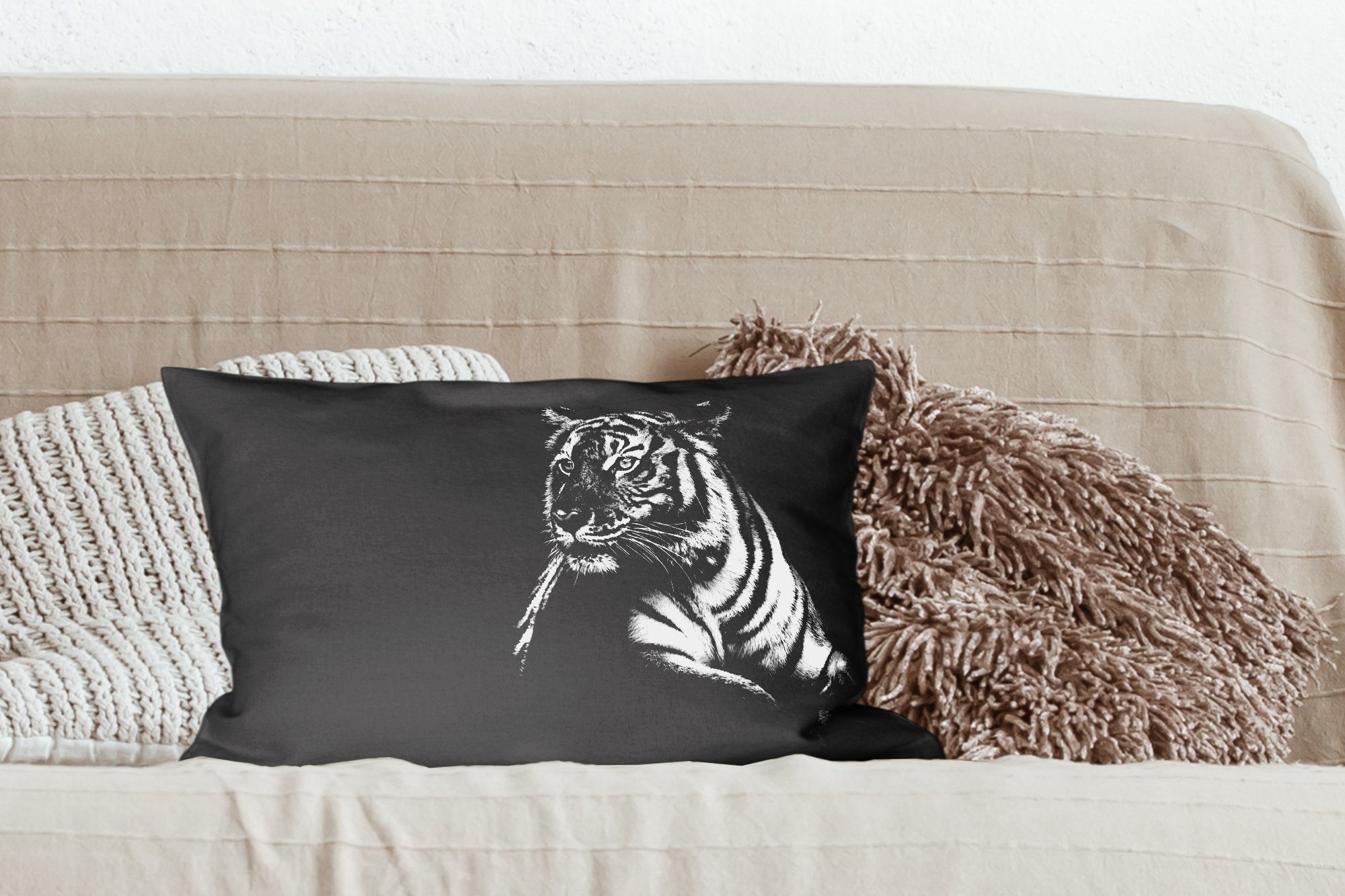 Schlafzimmer Tiger - Dekokissen - Schwarz Wohzimmer Dekoration, Füllung, - mit Dekokissen Weiß, Tiere Zierkissen, MuchoWow