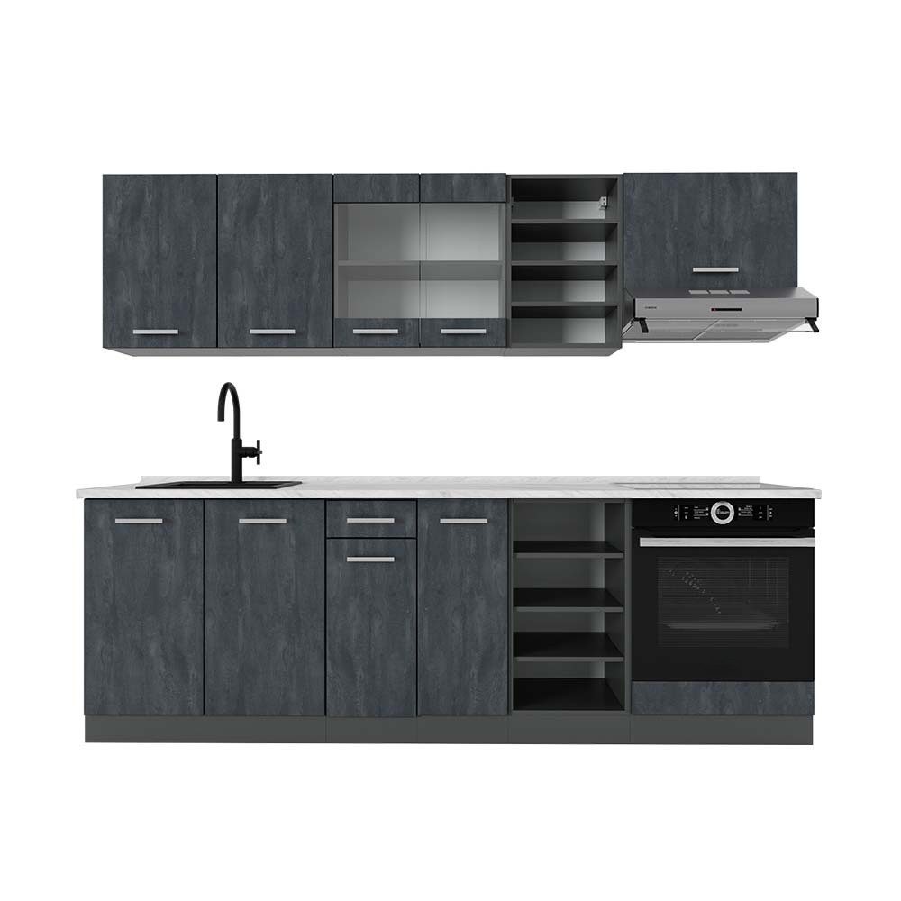 Vicco Küchenzeile R-Line, Schwarz Beton/Anthrazit, 240 cm AP Marmor