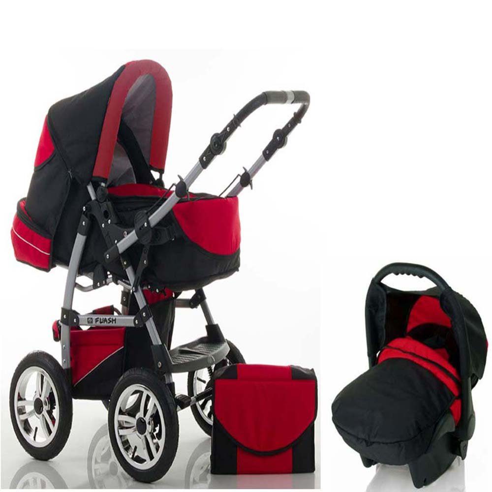 babies-on-wheels Kombi-Kinderwagen 3 in 1 Kinderwagen-Set Flash inkl. Autositz - 15 Teile - in 18 Farben Schwarz-Rot