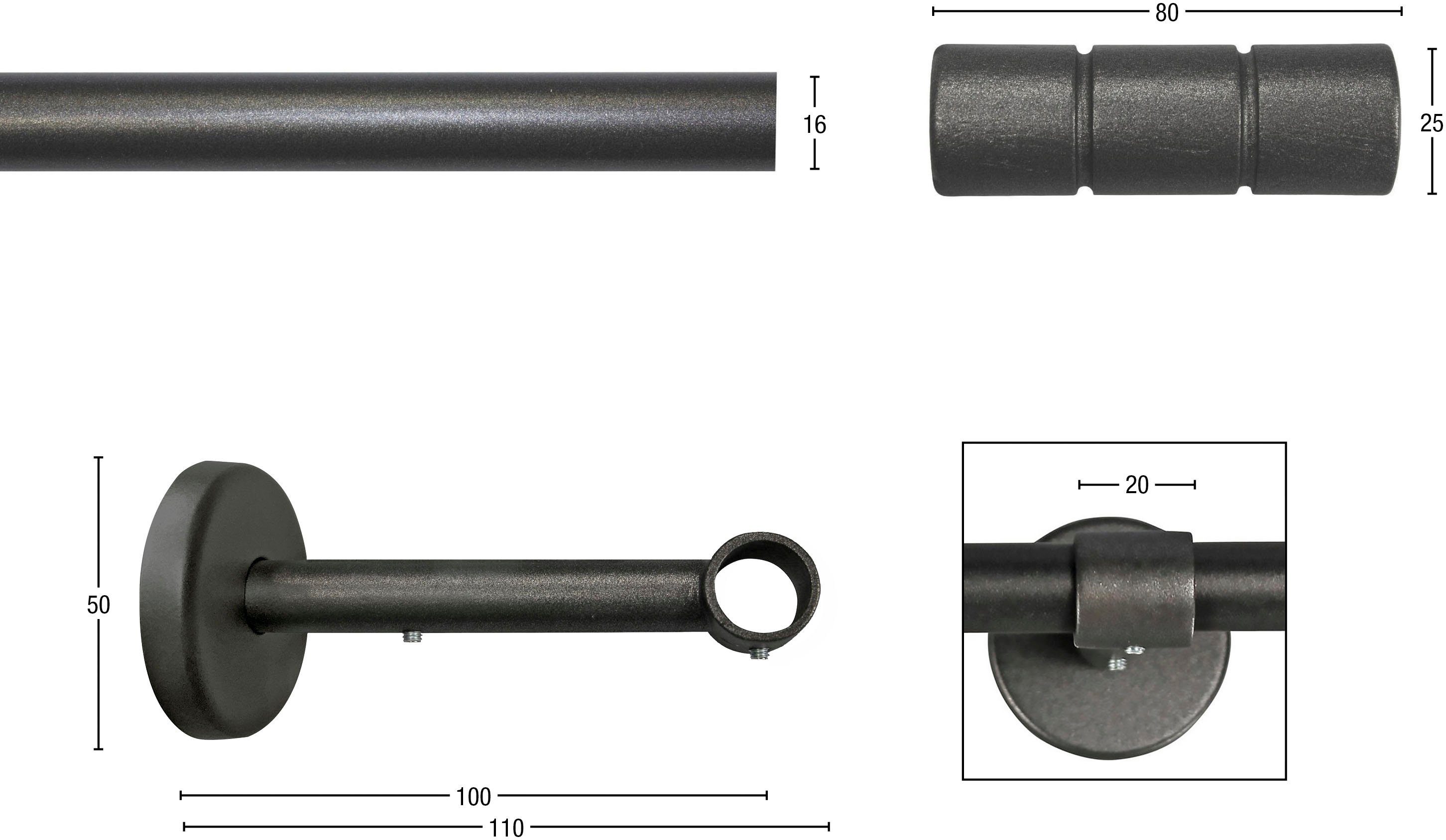 Gardinenstange STAURA, GARESA, Ø 16 mm, 1-läufig, Wunschmaßlänge, mit Bohren, verschraubt, Metall, Vorhanggarnitur, verlängerbar, Knopf mit 2 Rillen, ohne Ringe graphit