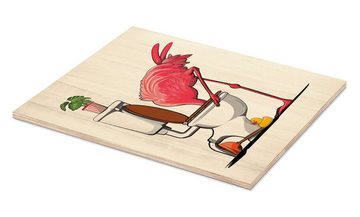 Posterlounge Holzbild Wyatt9, Flamingo versenkt den Kopf, Badezimmer Illustration