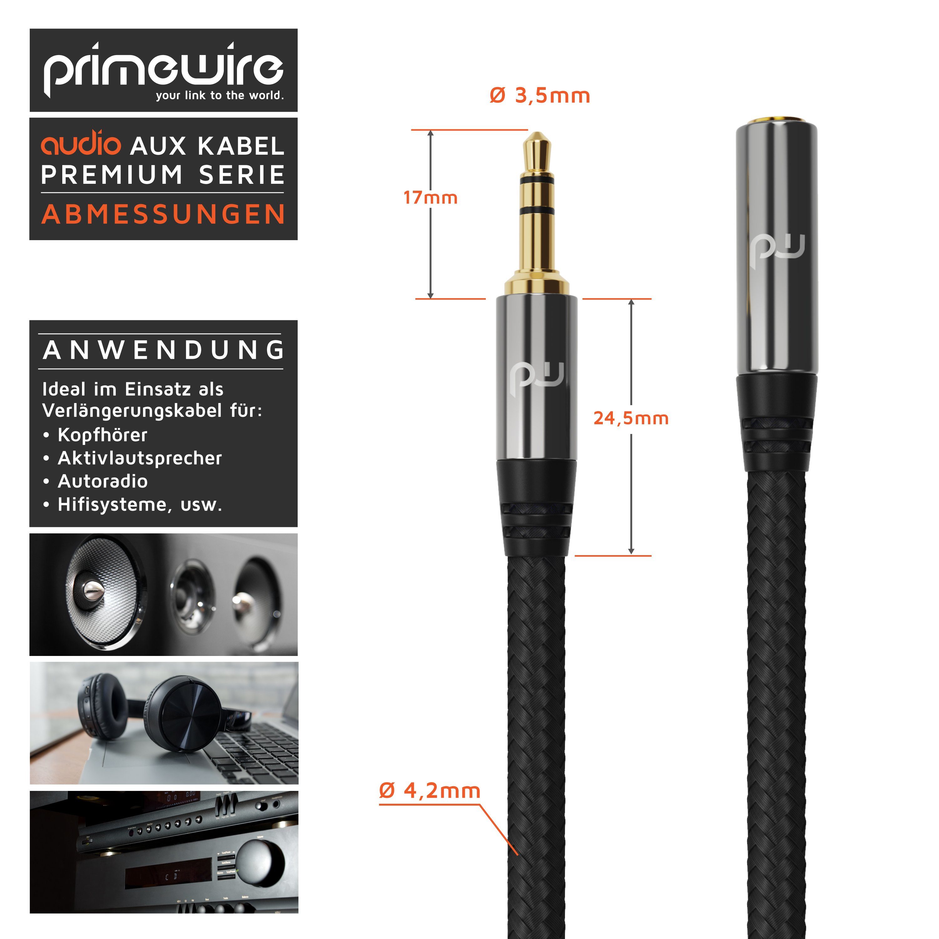 Primewire Audio-Kabel, AUX, 3,5-mm-Klinke (150 cm), Klinkenkabel Audio Verbindungskabel / Kupplung mit Nylonmantel - 1,5m