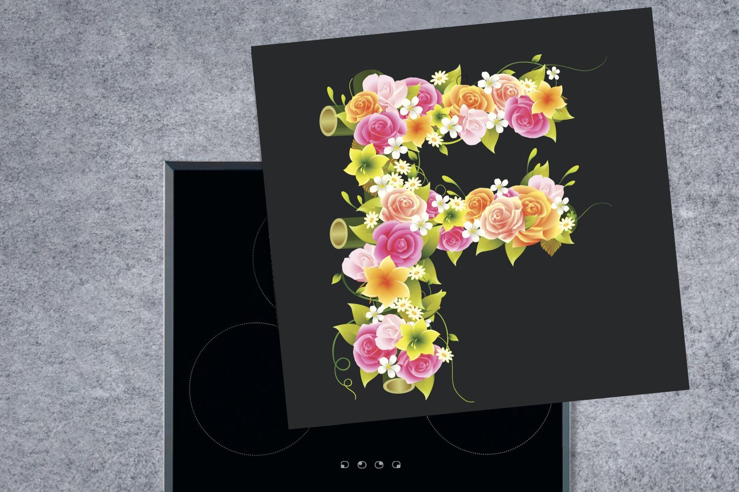 MuchoWow Herdblende-/Abdeckplatte des Eine Vinyl, (1 cm, tlg), Ceranfeldabdeckung, Buchstabens Arbeitsplatte Blumen, 78x78 für Illustration mit F küche