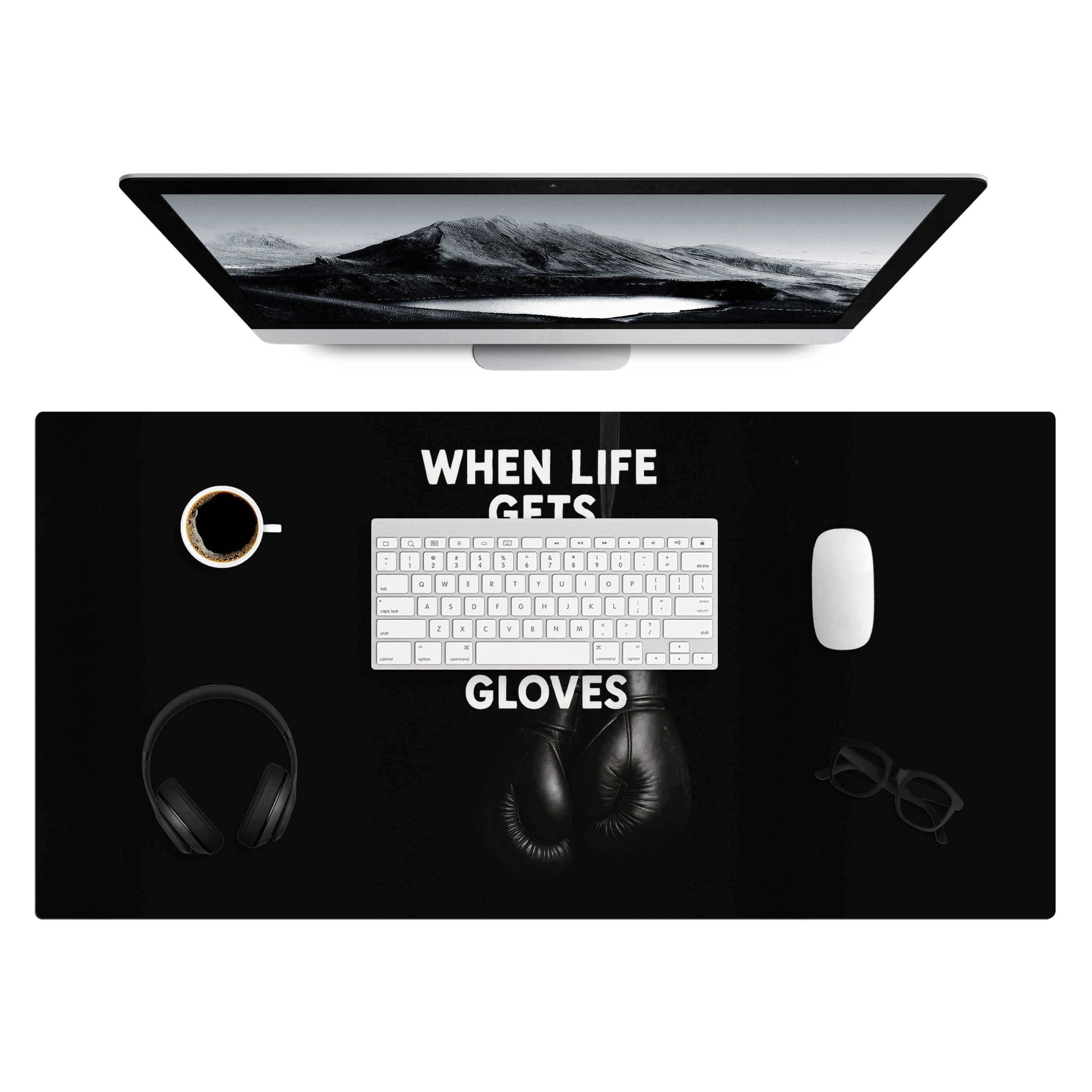 MuchoWow Gaming Mauspad Text - Boxhandschuhe - Weiß (1-St), Gaming Mauspad XXL, Schreibtischunterlage, Mousepad, Deko, 90x45 cm