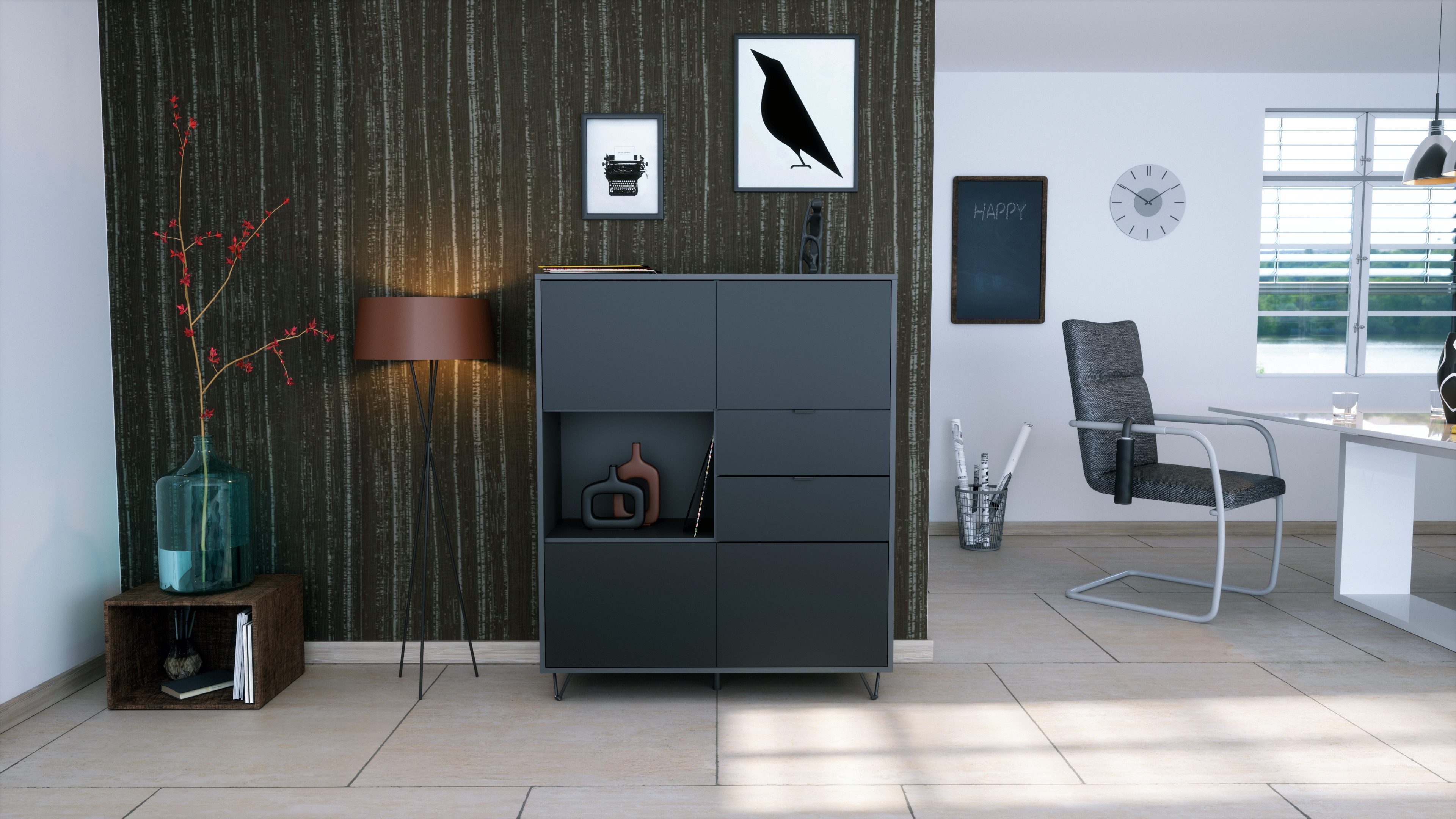 Vladon Highboard Marino V1 (Highboard mit 4 Tür Schwarz matt, 2 Schubladen Schwarz matt, Made in Germany), Korpus Anthrazit matt (103 x 125,5 x 37 cm)