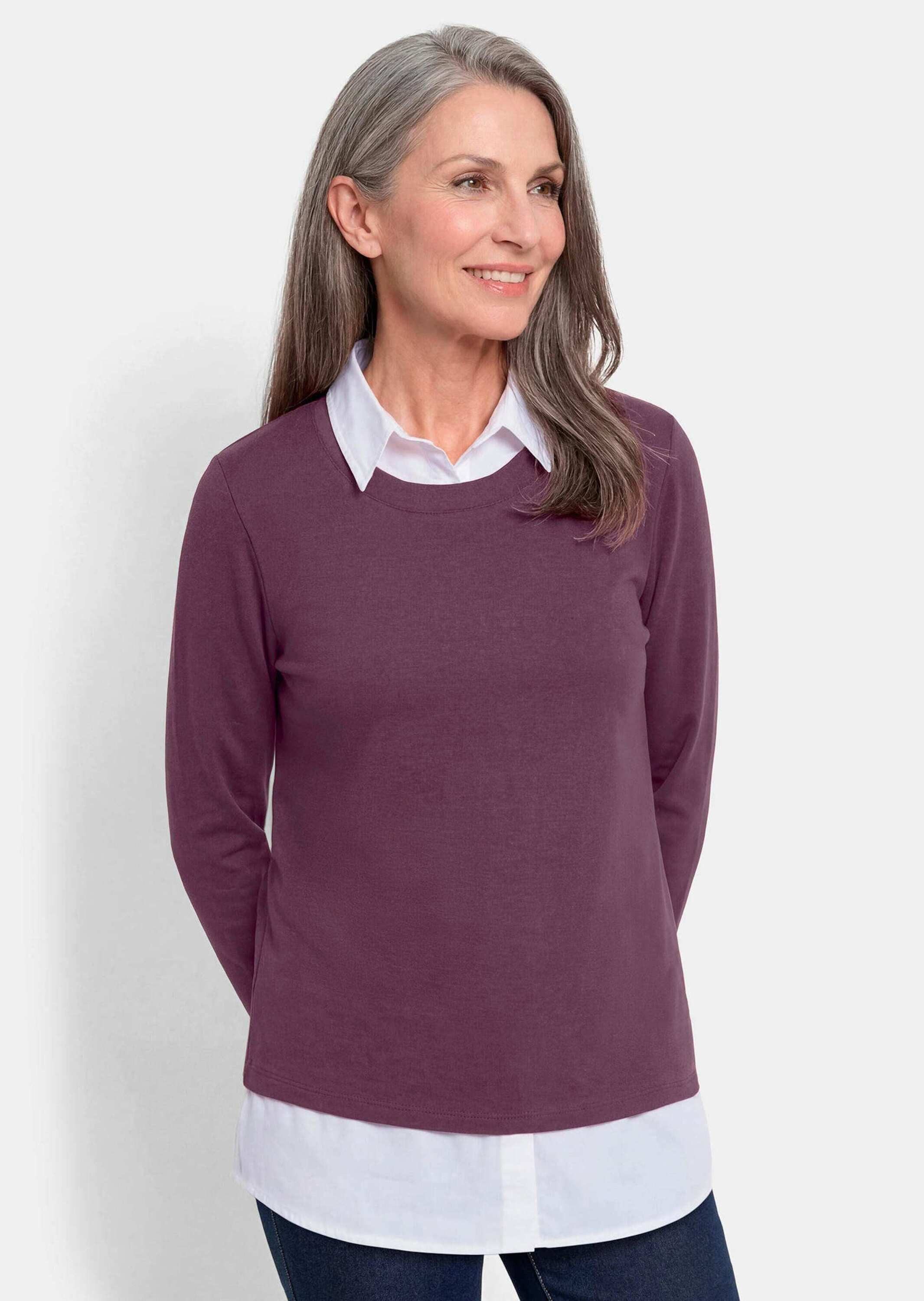 GOLDNER Longshirt Kurzgröße: Elegantes 2-in-1 Business-Oberteil Langarm-Shirt mit Hemdkragen und Hemdsaum, hüftumspielend, Baumwolle