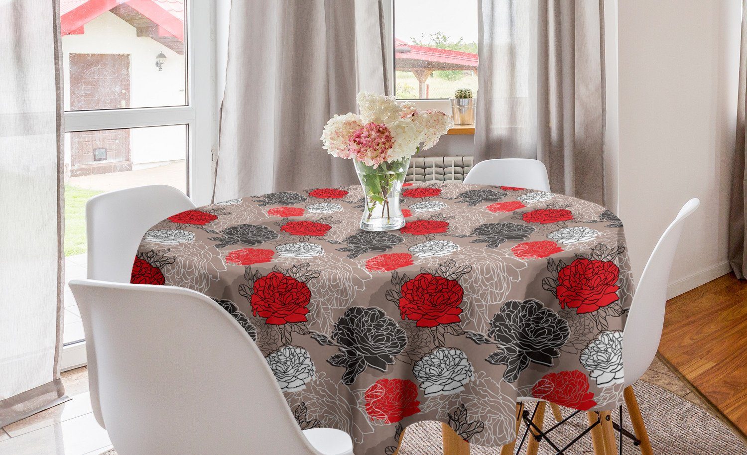 Abakuhaus Tischdecke Kreis Tischdecke Abdeckung für Esszimmer Küche Dekoration, Rot und Schwarz Blühende Pfingstrose