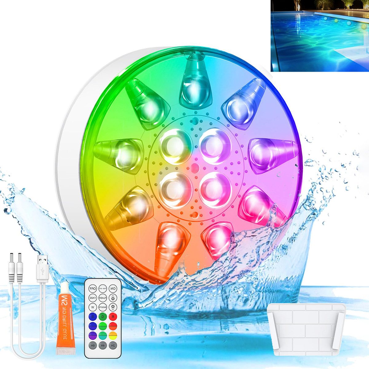 Novzep Pool-Lampe LED-Tauchleuchte, schwimmende Poolbeleuchtung, wiederaufladbar, 16 Farben RGB, IP68 wasserdicht, mit Fernbedienung, Timer