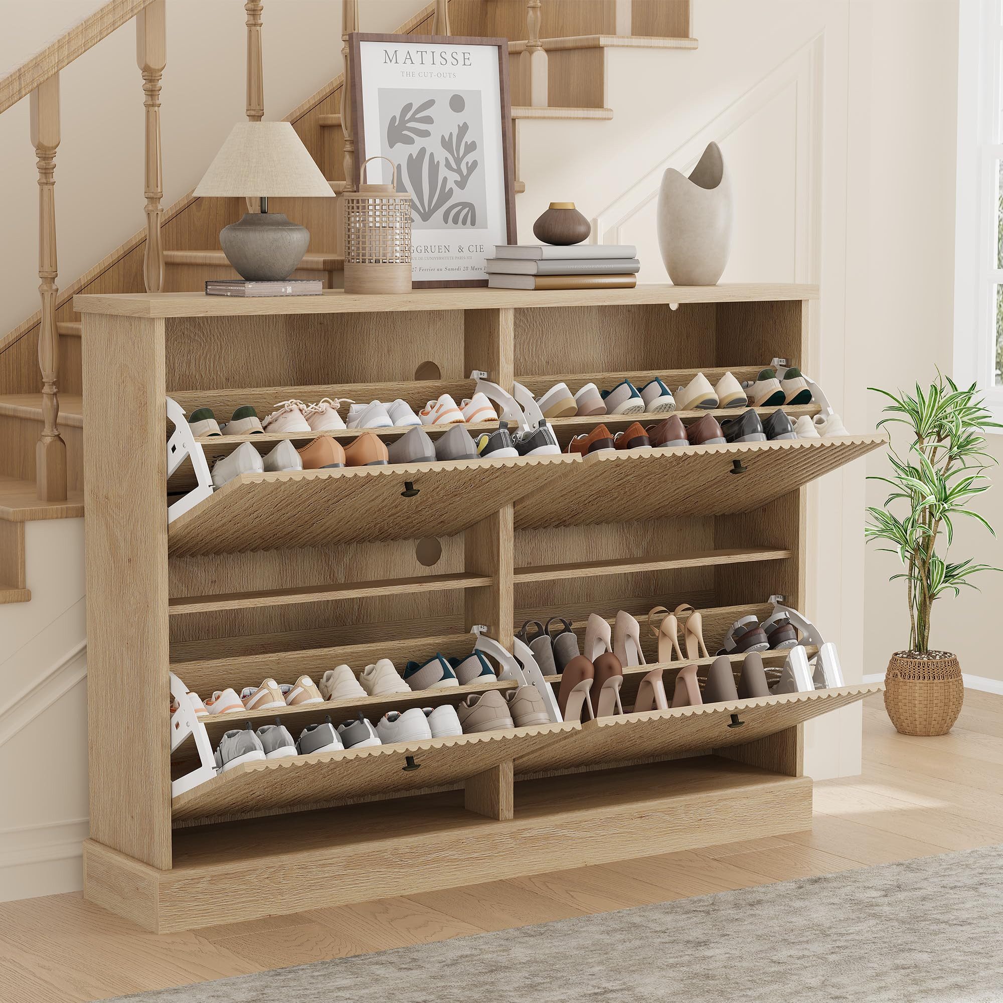 GarveeMore Schuhschrank Moderner Rillenprofil mit 4 Klappschubladen verstellbare Einlegeböden (1-St) 120x25x90cm Versteckter Schuhstauraum Schuhregal für 18–24 Paar Schuhe