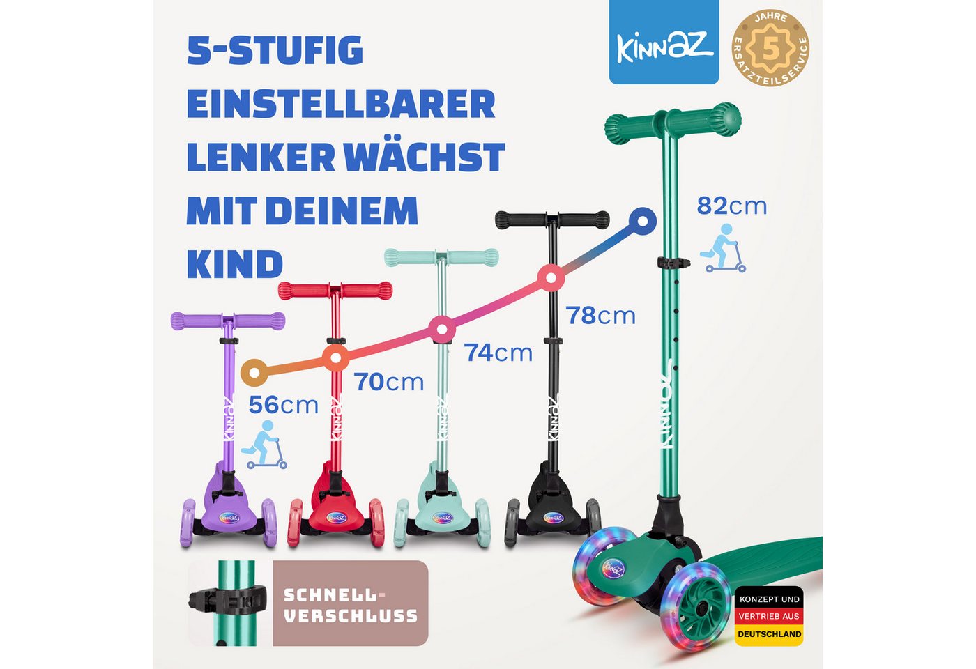 Thumbnail - KINNAZ Dreiradscooter Kinderroller ab 3 Jahre, LED, faltbar, Premium, Roller Kinder 4 Jahre, (Kinderroller, kinnaz ONE),...