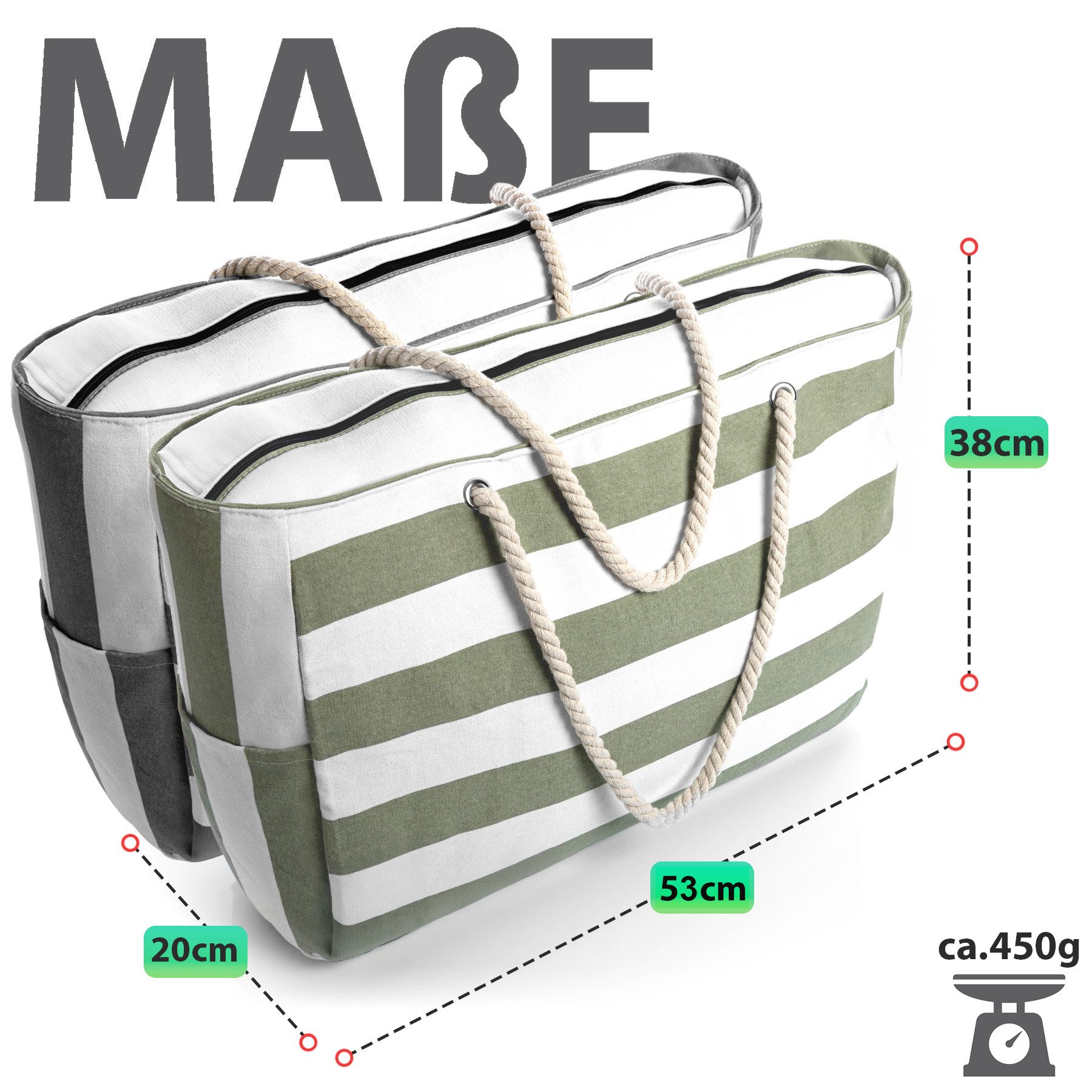 BigDean Strandtasche Badetasche XXL 2 Stück grün & grau weiß große mit Reißverschluss (Set, 2-tlg., Badetaschen), Waschbar, 30°c