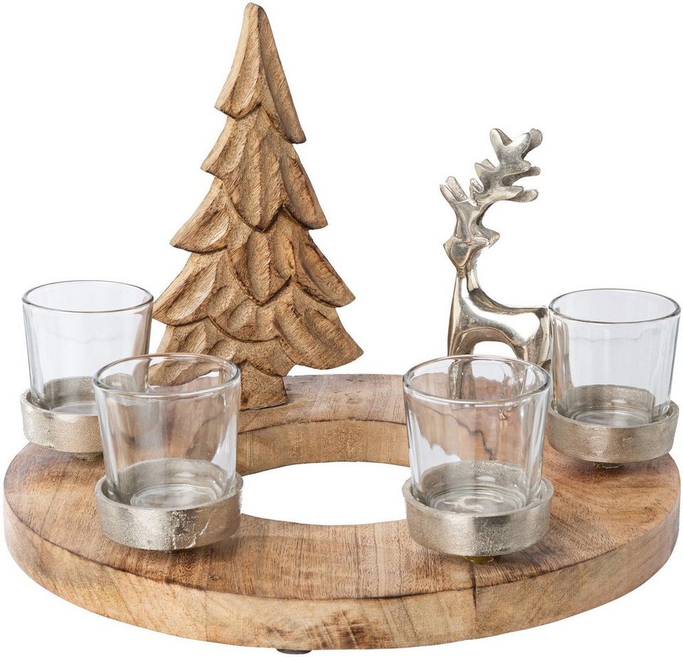 Creativ deco Adventsleuchter Weihnachtsdeko, Kranz mit Deko-Figuren für 4  Teelichter