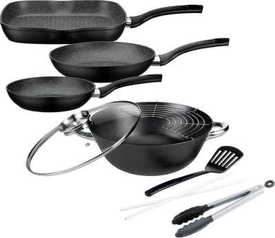 GSW Topf-Set Gourmet Granit, Gusseisen (Set, 6-tlg., 1x Bratpfanne Ø 20/24 cm, 1x Grillpfanne 28 x 28 cm, 1x Wok Ø 32 cm), Induktion