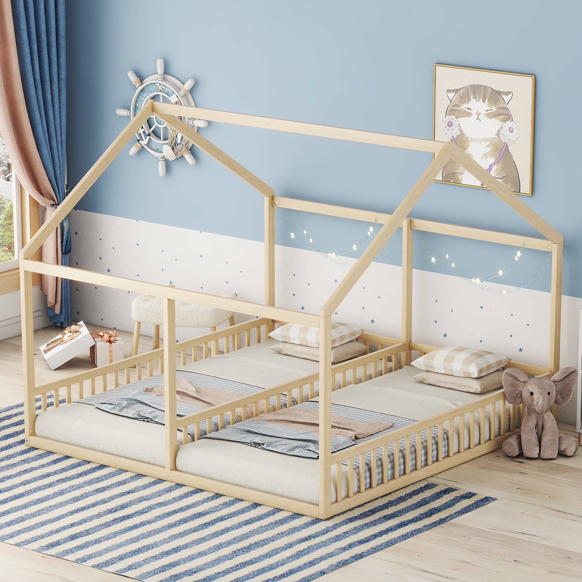 SOFTWEARY Kinderbett Hausbett mit 2 Schlafgelegenheiten und Lattenrost (90x200 cm), Holzbett aus Kiefer natur