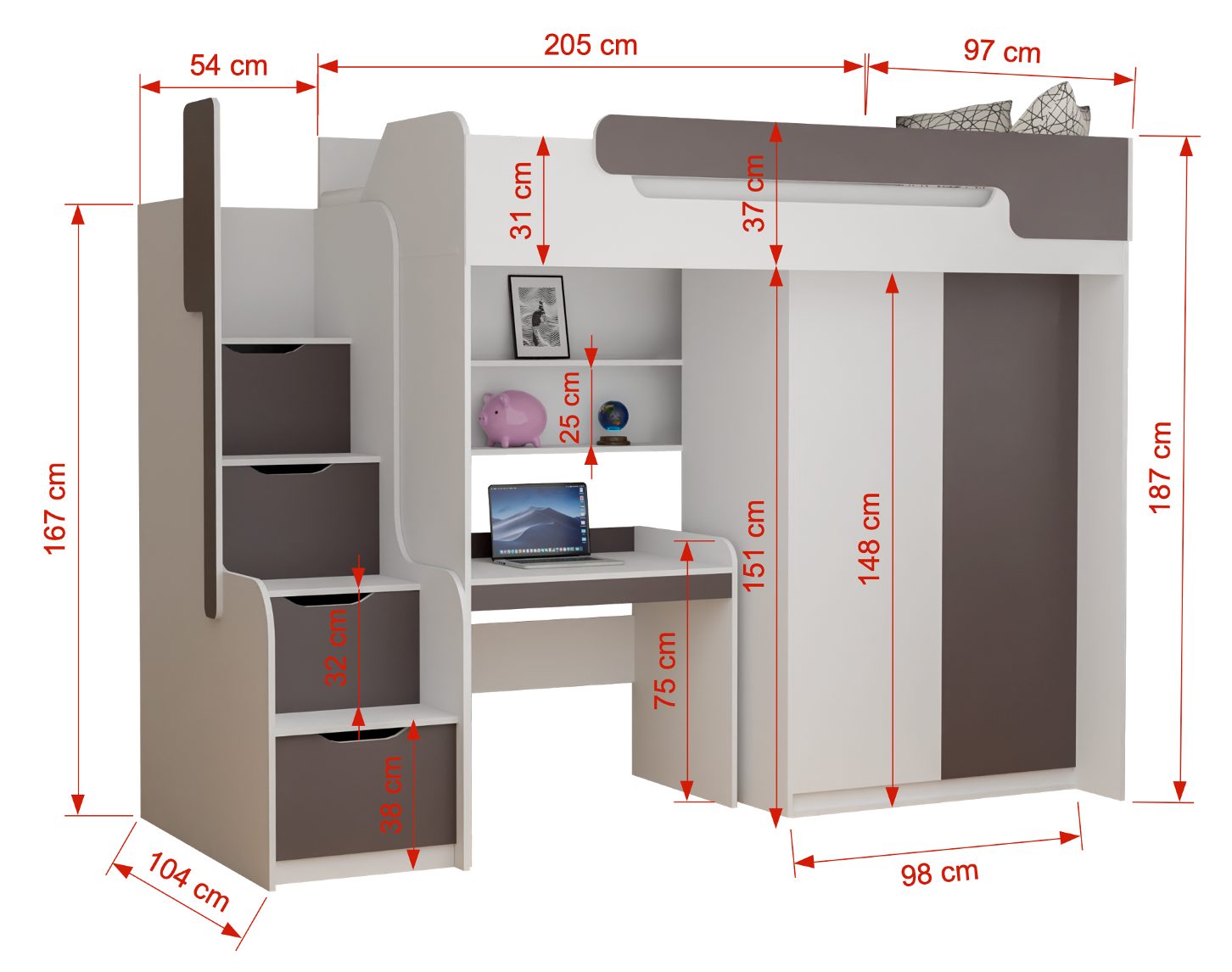 Möbel-Zeit Hochbett Hochbett DORIAN mit Schreibtisch und Schrank