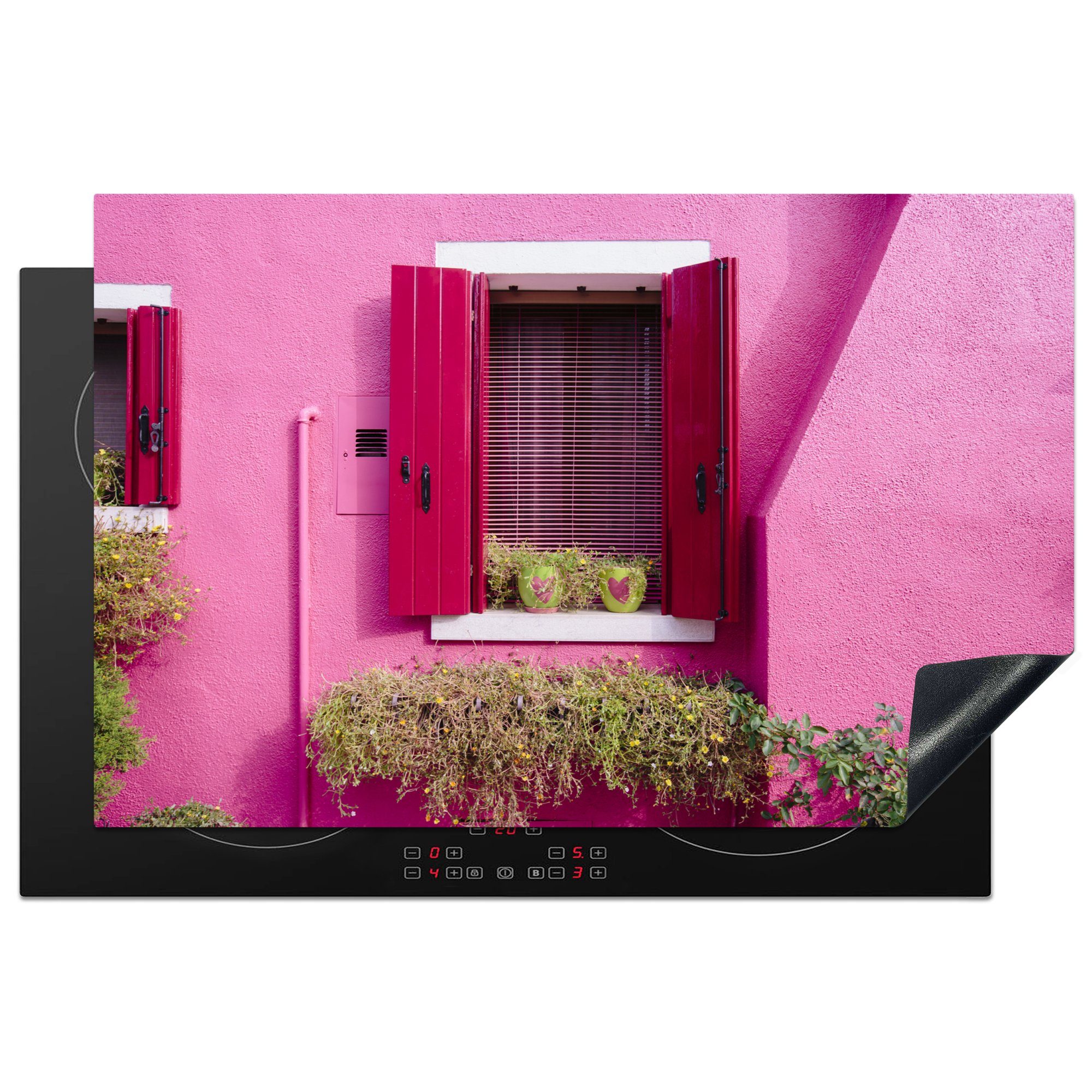 MuchoWow Herdblende-/Abdeckplatte Offenes Fenster in einer rosa Wand, Vinyl, (1 tlg), 81x52 cm, Induktionskochfeld Schutz für die küche, Ceranfeldabdeckung