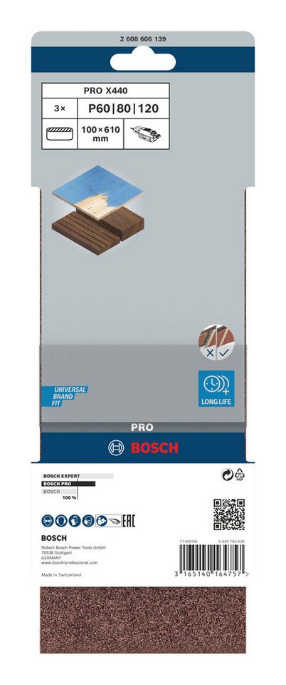 Thumbnail - BOSCH Schleifpapier Pro X440 Schleifbänder, (3 Teile), Pro X440 Schleifband-Set, 100 x 610 mm, G60, G80, G100, 3-teilig