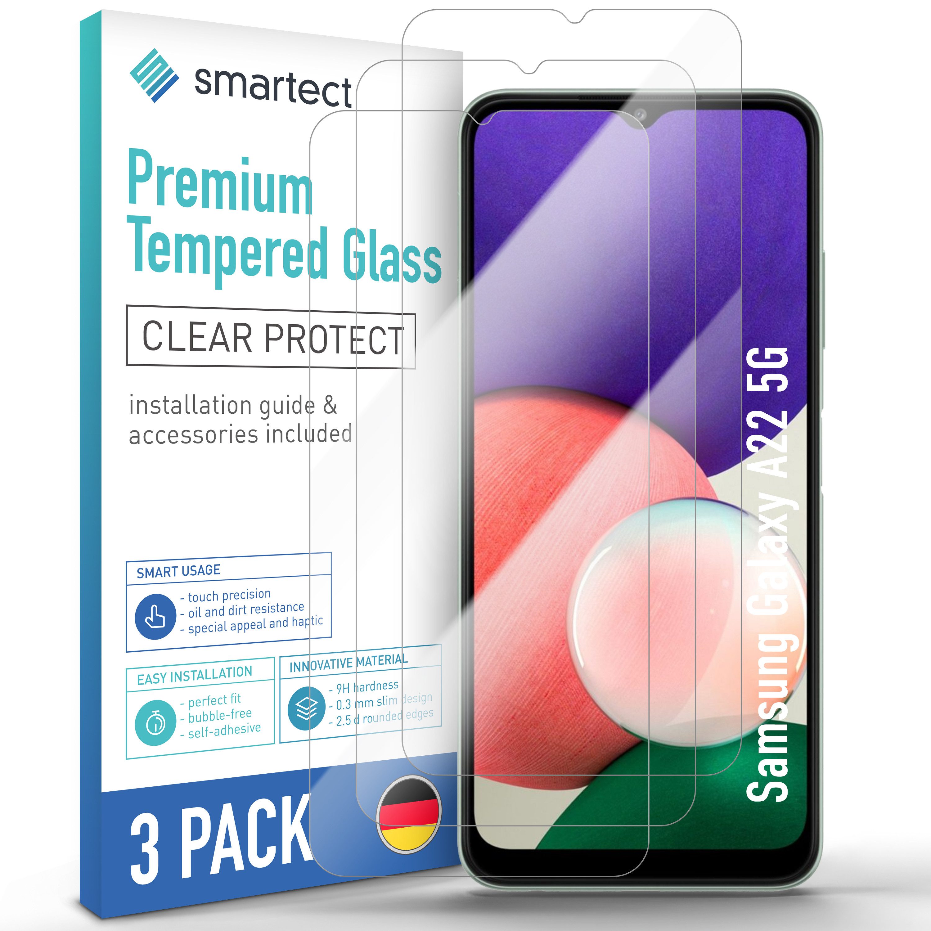 smartect Displayschutzglas 3X Schutzglas Panzerfolie Klar für Samsung Galaxy A22 5G/ A22s 5G für Samsung Galaxy A22 5G/ A22s 5G, Set, 3 Stück, 0.3 mm Ultra-klar, 9H Härte, Kratzfest, Stoßfest, Blasenfrei, Oleophob