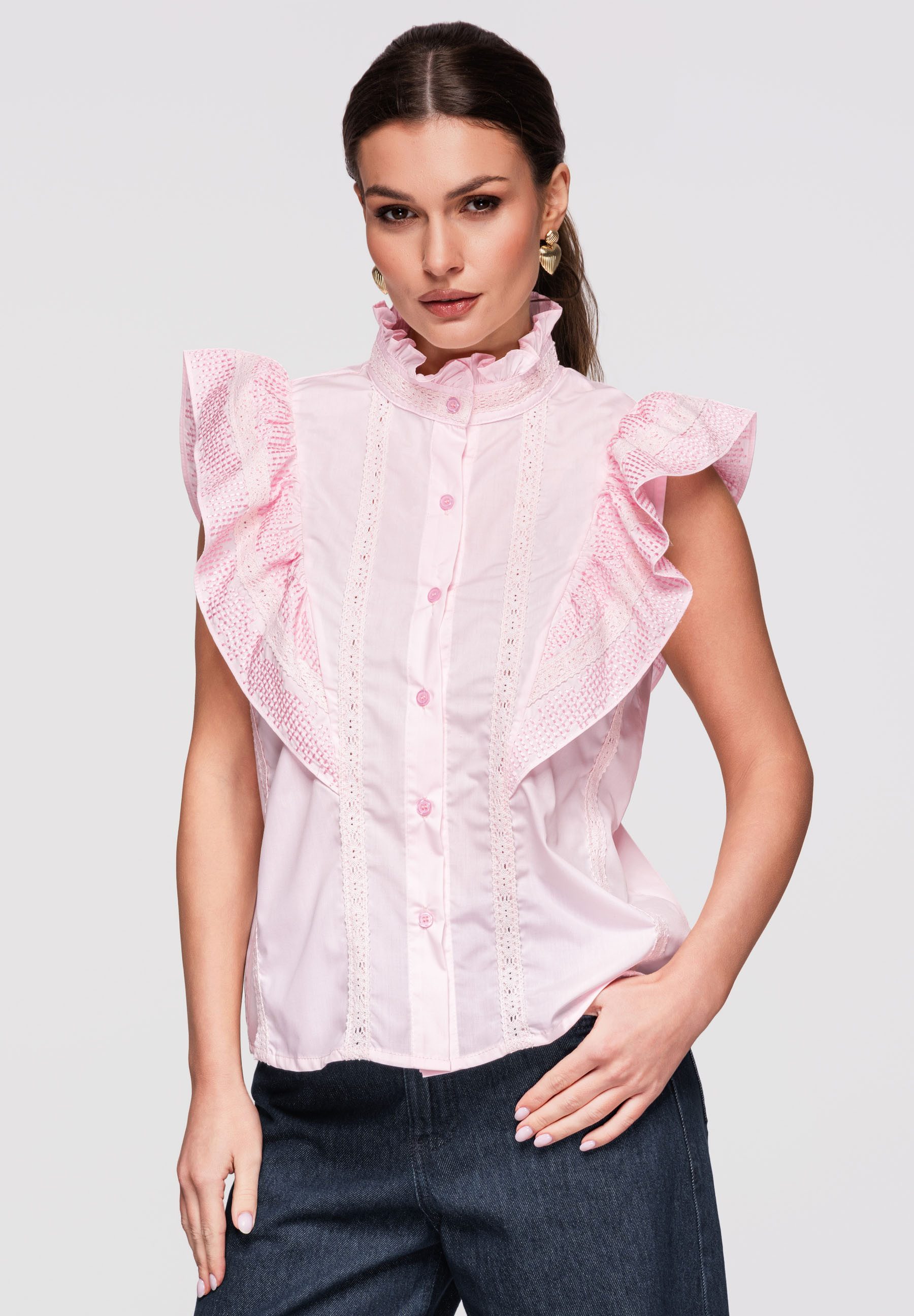 OMBRE Blusentop Damen Blusentop mit Volants und Spitze Rose M (kein Set, 1-tlg) Ajour-Einsätze, dekorative Spitzenbänder, Falten