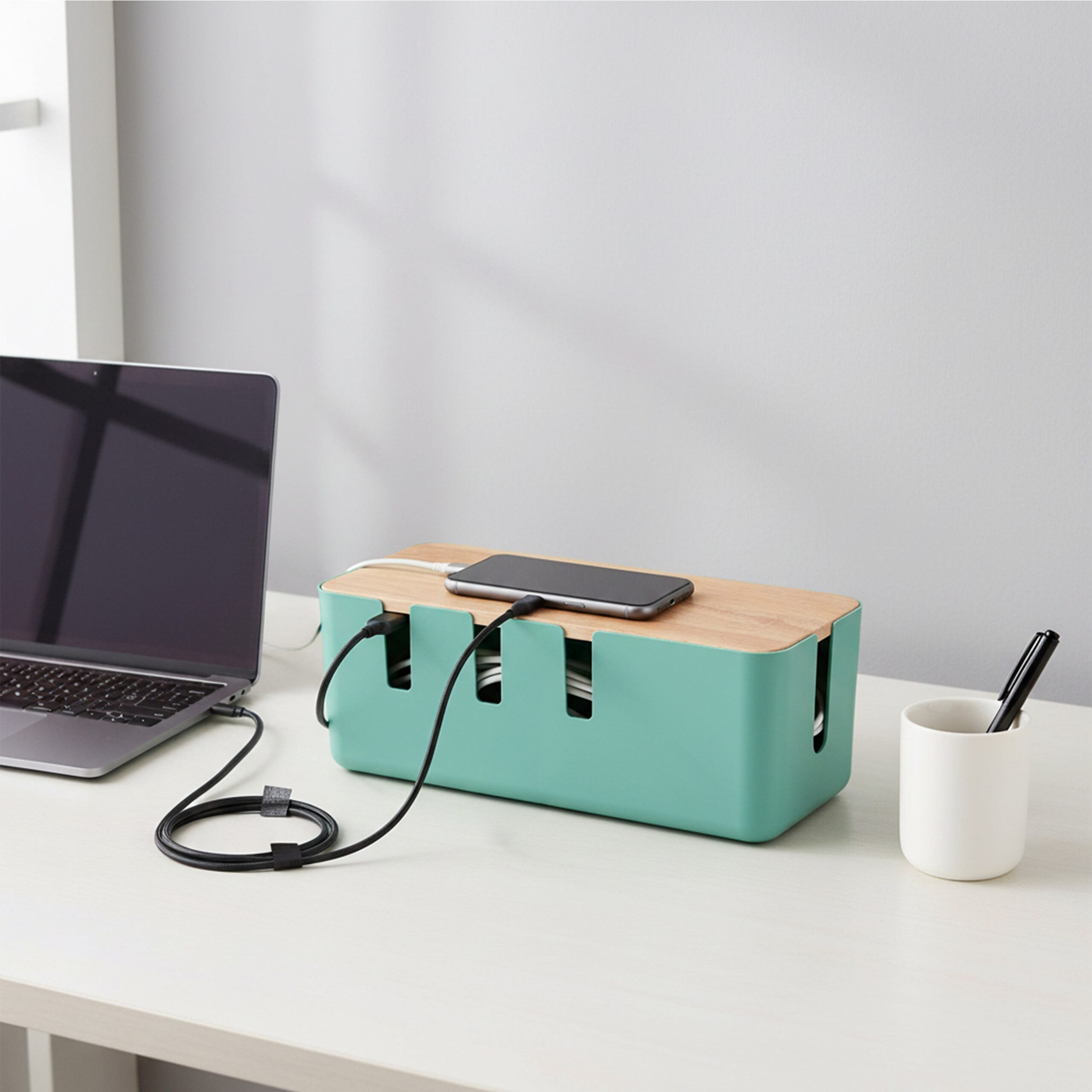 relaxdays Kabelbox mit Holzdeckel, Mint