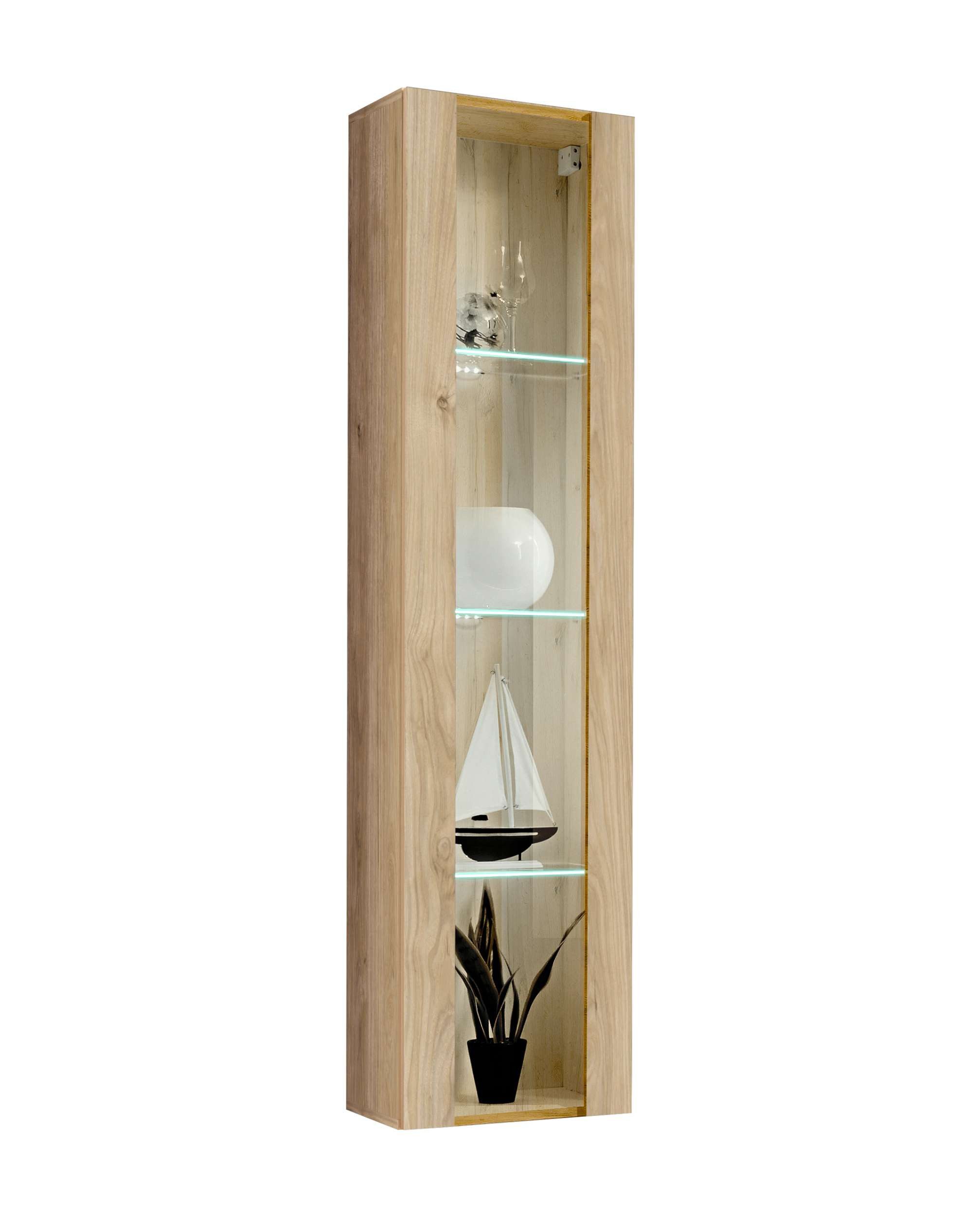 99rooms Wohnwand Fli M2, (Wohnzimmer-Set, Wohnmöbel), 2 x Hängevitrine mit LED, Lowboard mit Biokamin, 2 x Wandregal