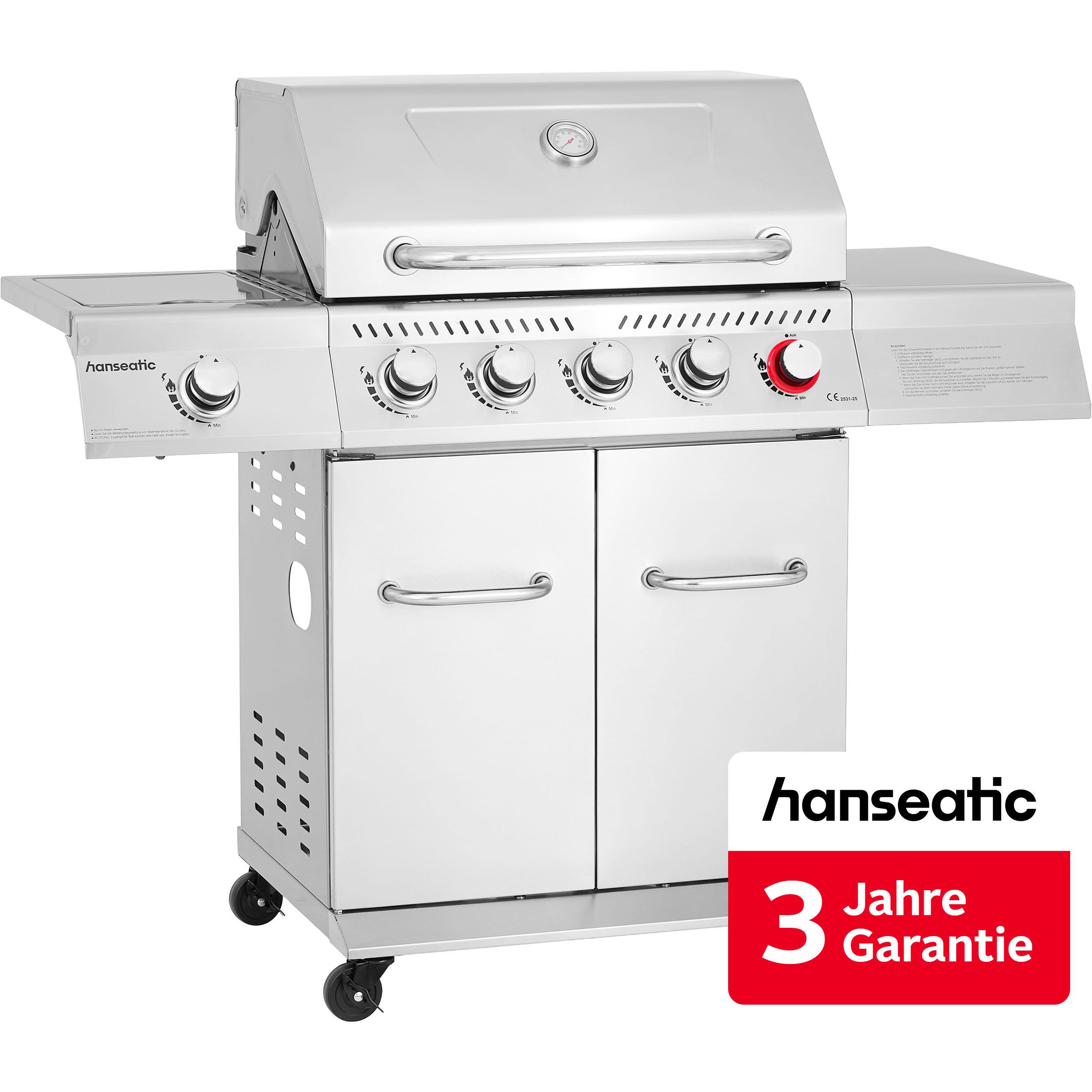 Hanseatic Gasgrill Richland, 5 Brenner (inkl. Turbobrenner) + Seitenbrenner 21,5kw Gesamt, inkl. 3 Jahre Herstellergarantie
