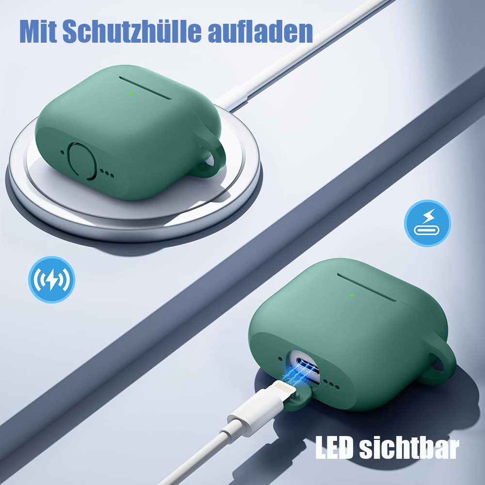 TUWENA Kopfhörer-Schutzhülle Silikon Hülle Kompatibel mit AirPods 4, mit Reinigungsset & Karabiner, Support Wireless Charging and Front LED Visible mit Schlüsse – Bild 4 von 5