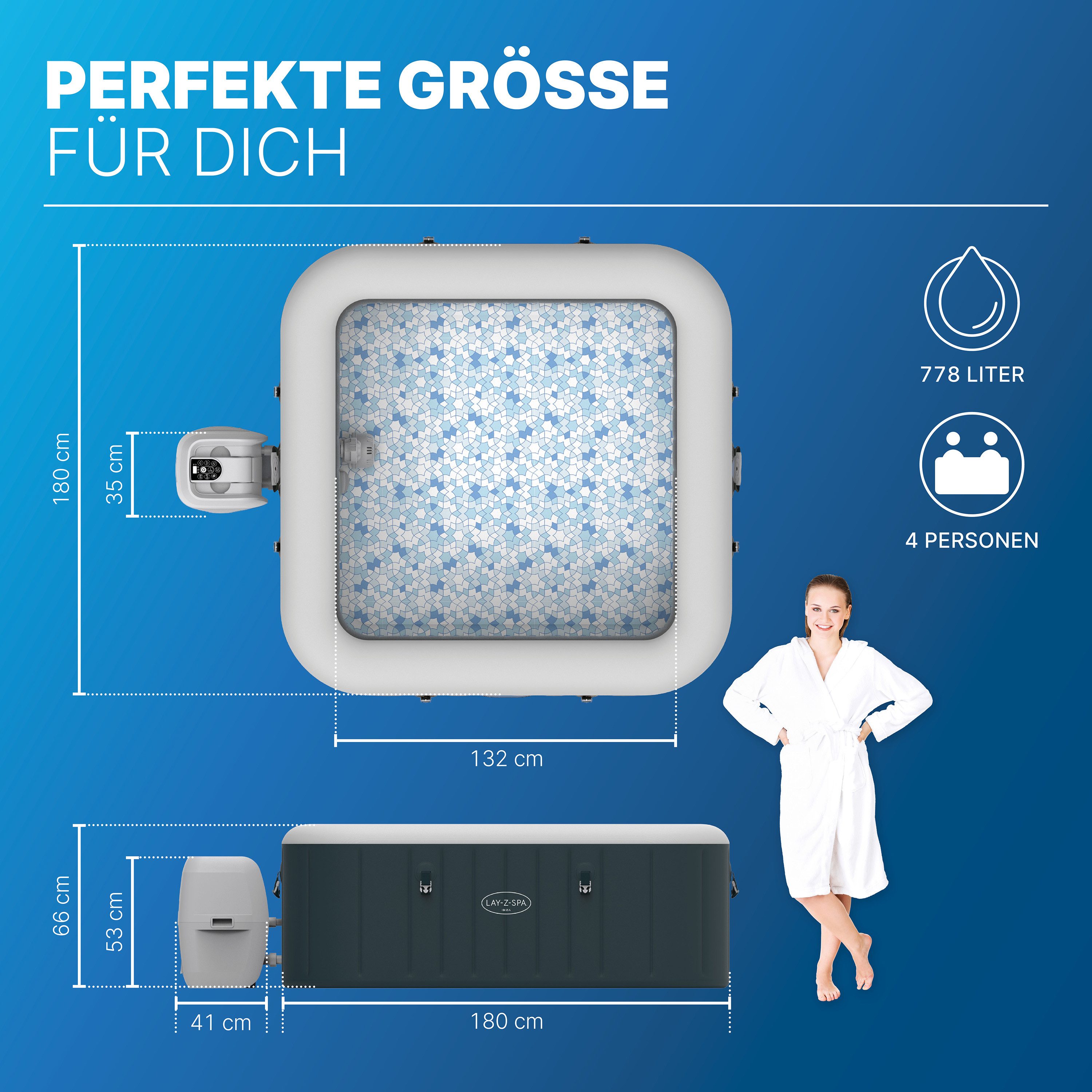 Bestway Whirlpool LAY-Z-SPA® Ibiza AirJet™, Aufstellbecken, (Set, für max. 4 Personen), 180 x 180 x 66 cm