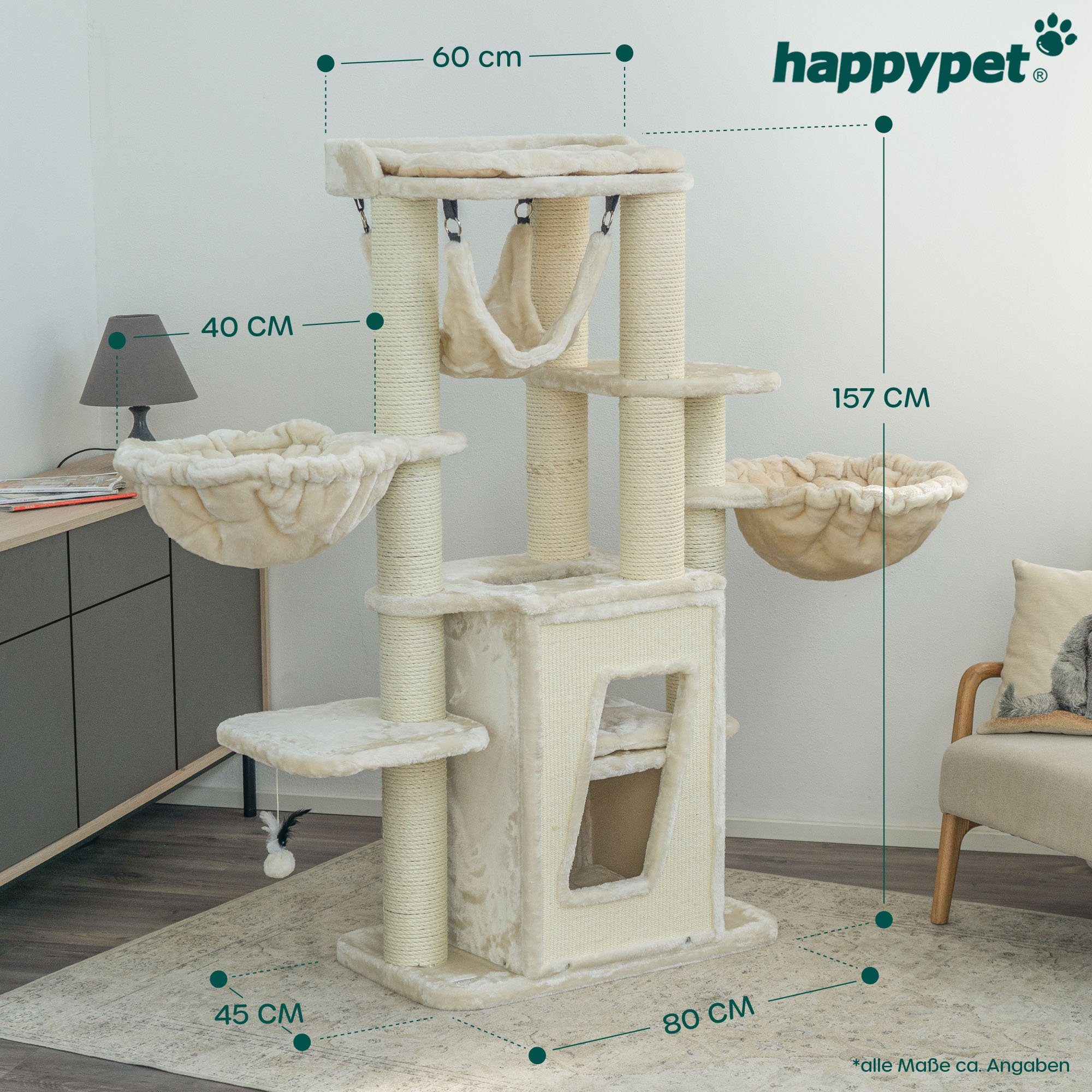 Großer Kratzbaum Für Katzen – Stabil Mit Sisal, Spielzeug-Maus & Ball, Für Alle Katzengrößen, Platzsparend