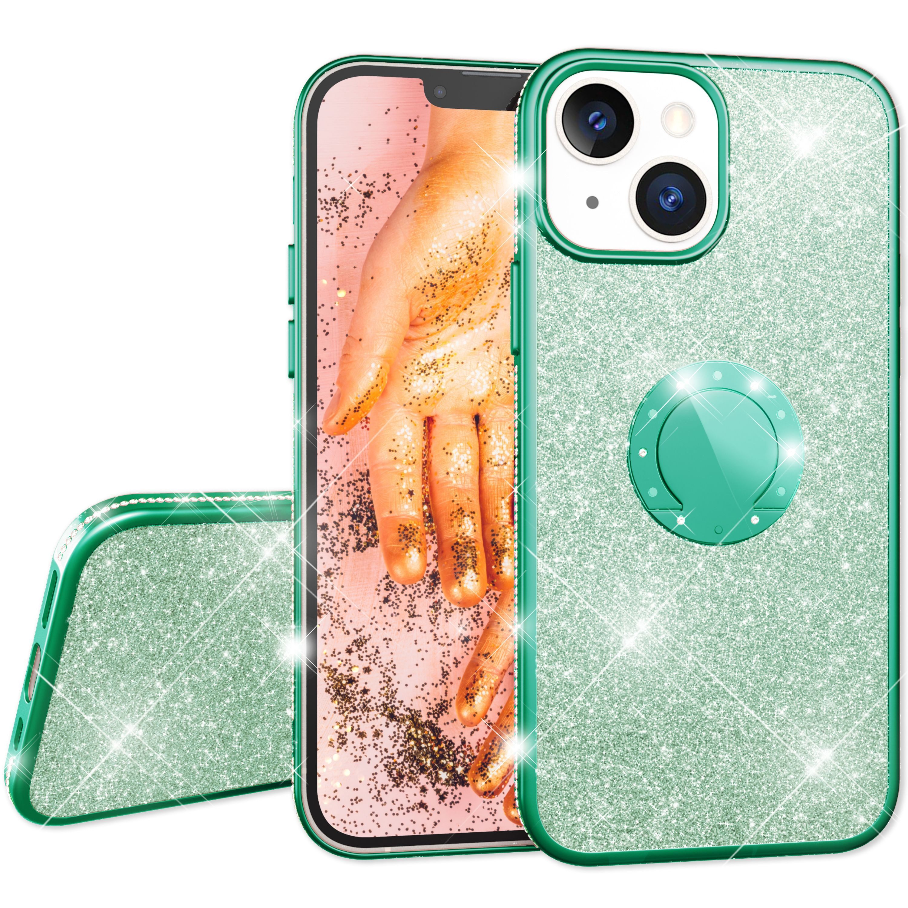 Nalia Smartphone-Hülle Apple iPhone 13 Mini 13,7 cm (5,4 Zoll), Glitzer Ring Silikon Hülle / 360 Grad Finger-Halter / Standfunktion