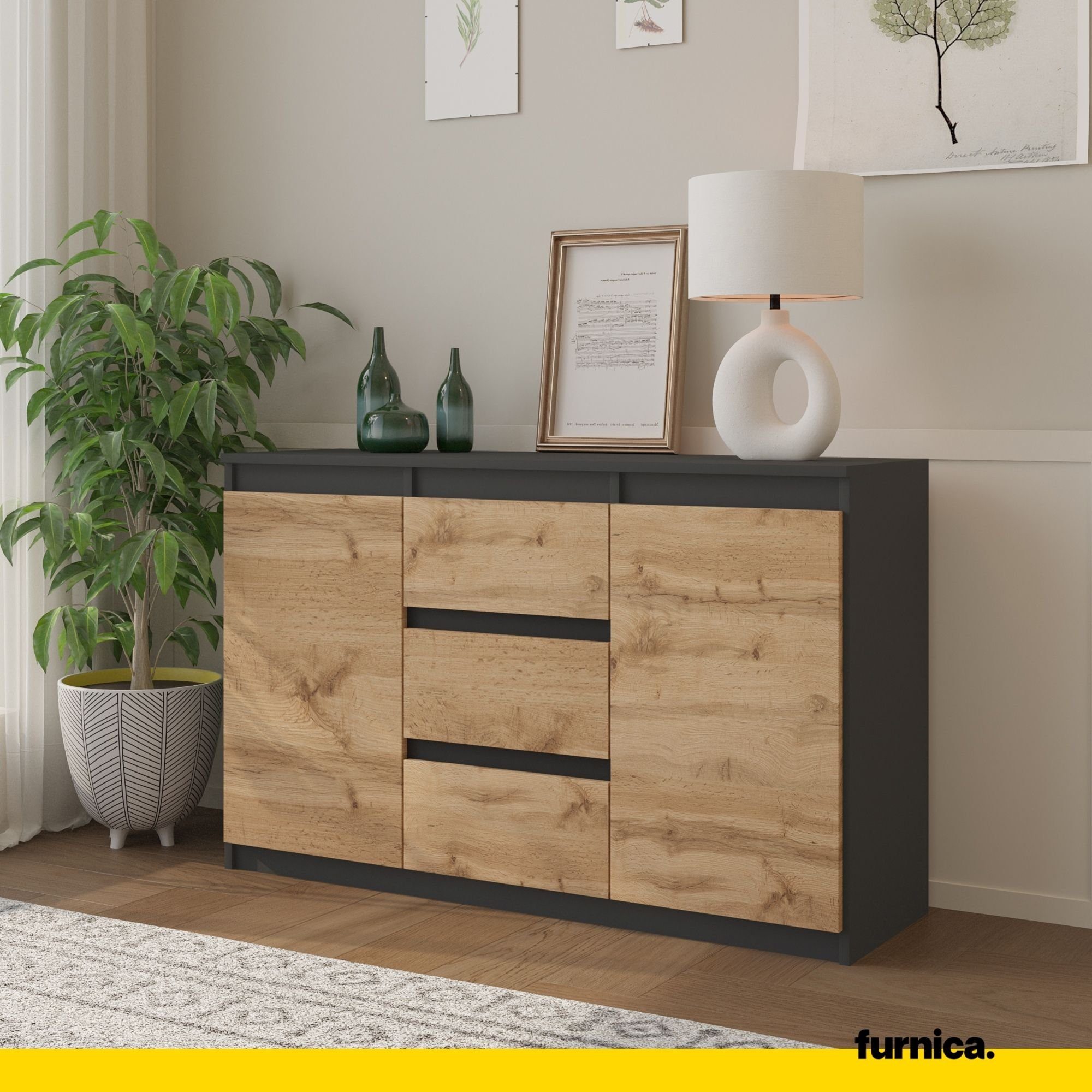 Furnica Kommode Sideboard 3 Schubladen und 2 Türen - Anthrazit Grau H75cm B120cm T35cm – Bild 4 von 5